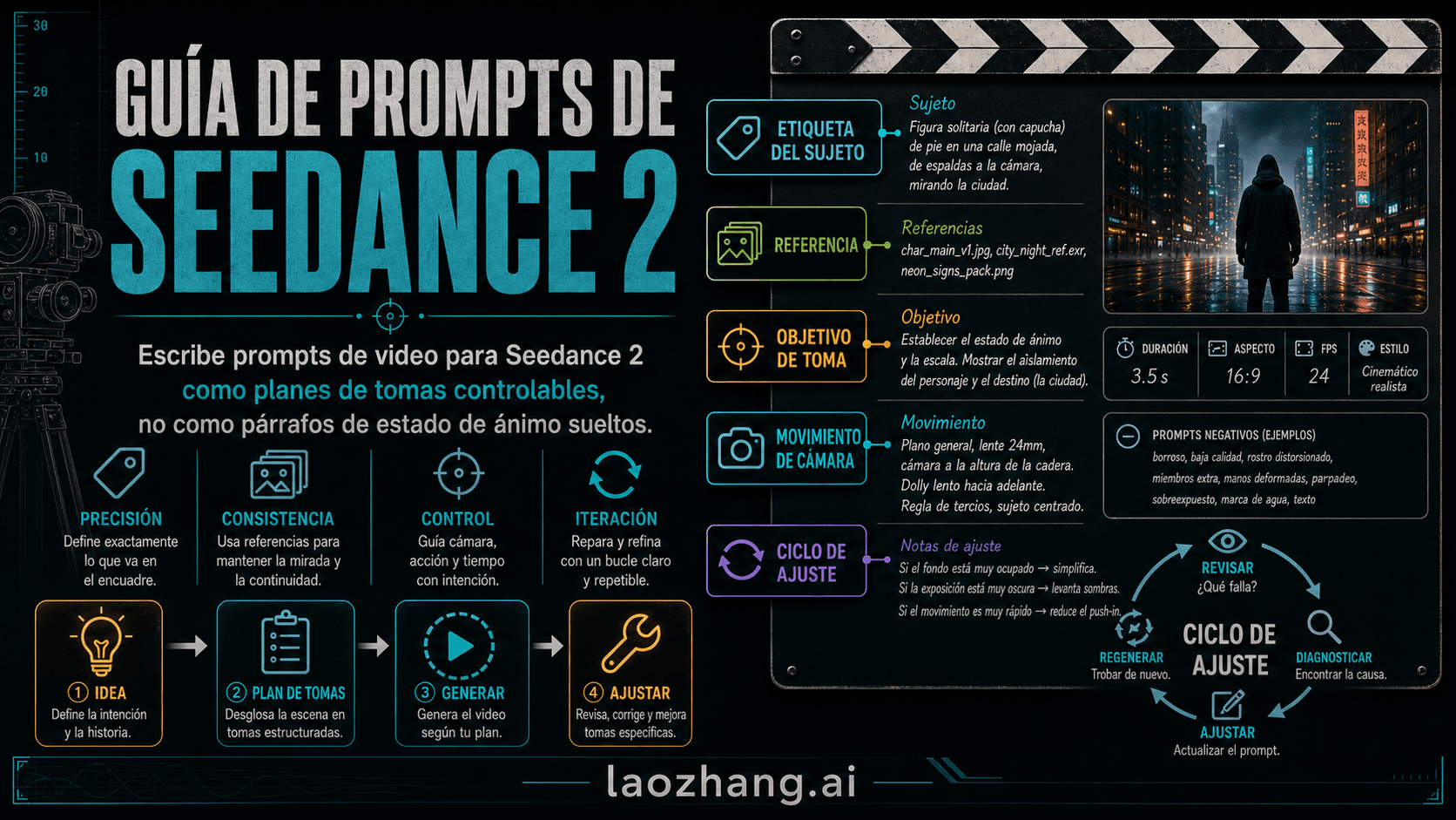 Portada en español de la guía de prompts de Seedance 2 con sujeto, referencias, objetivo de toma y ciclo de ajuste