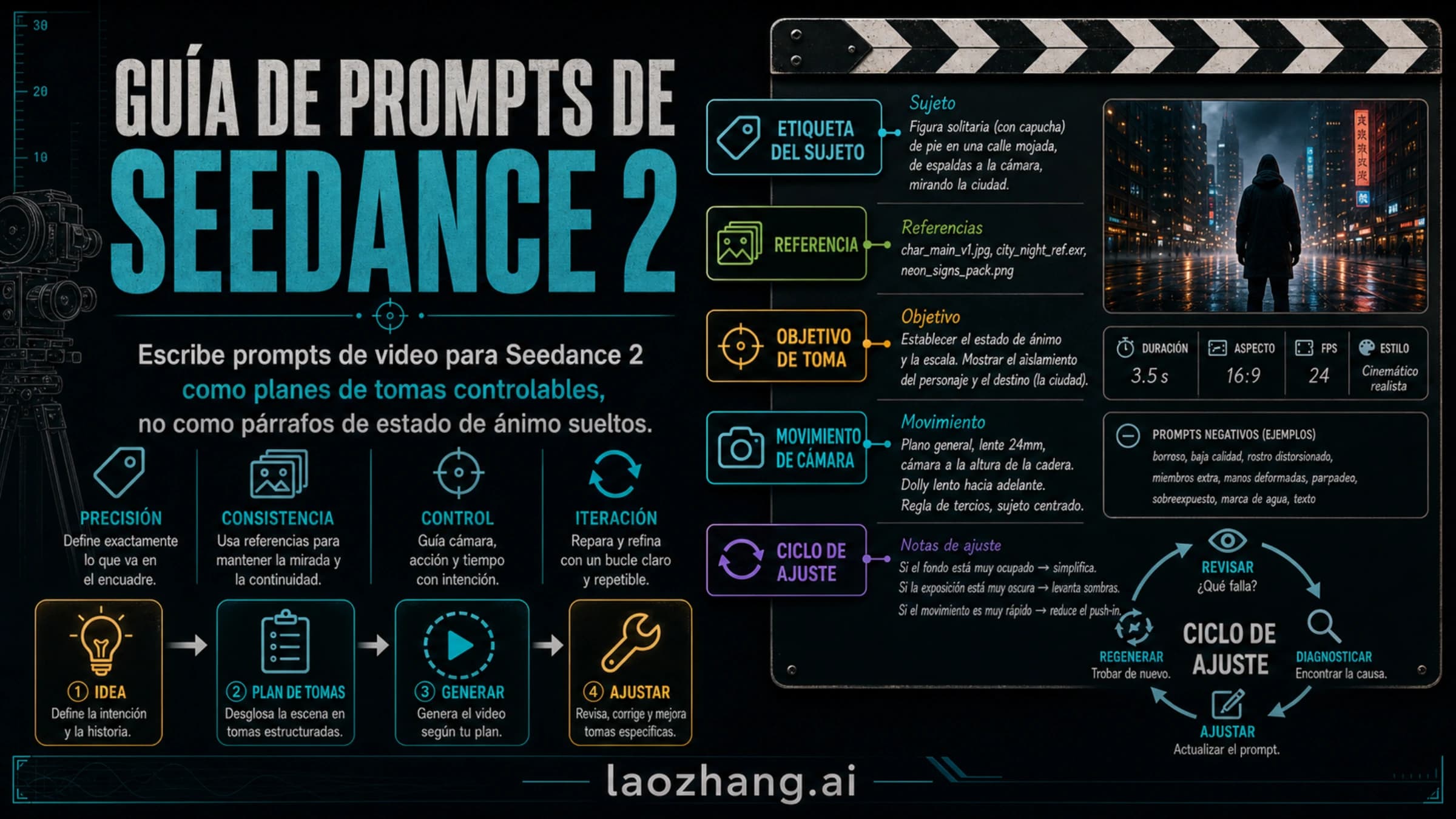 Guía visual de prompts de Seedance con referencias, planificación de planos y ciclo de corrección