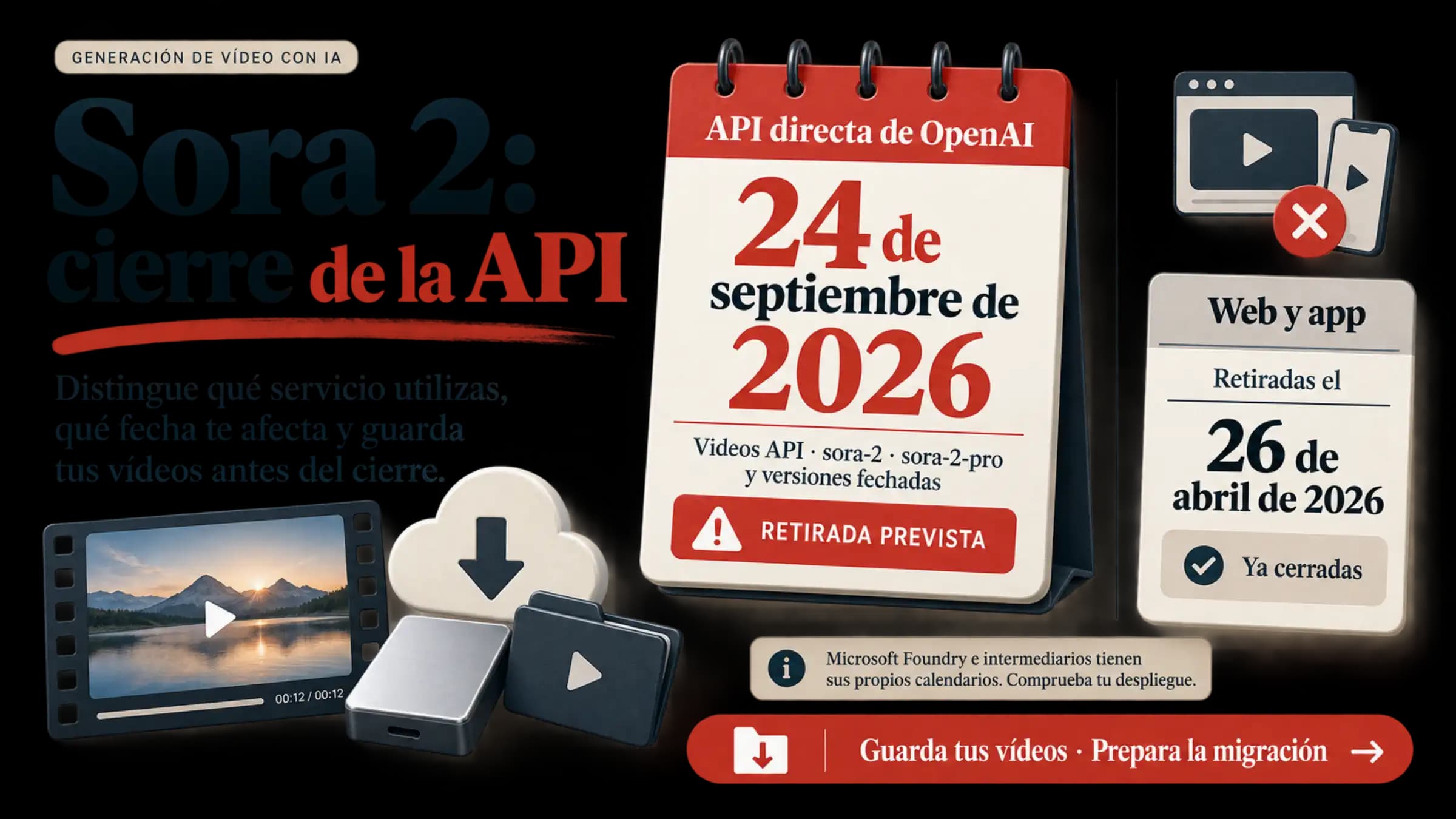 Fechas distintas para la retirada de la API directa de Sora 2 y el cierre de la web y la aplicación
