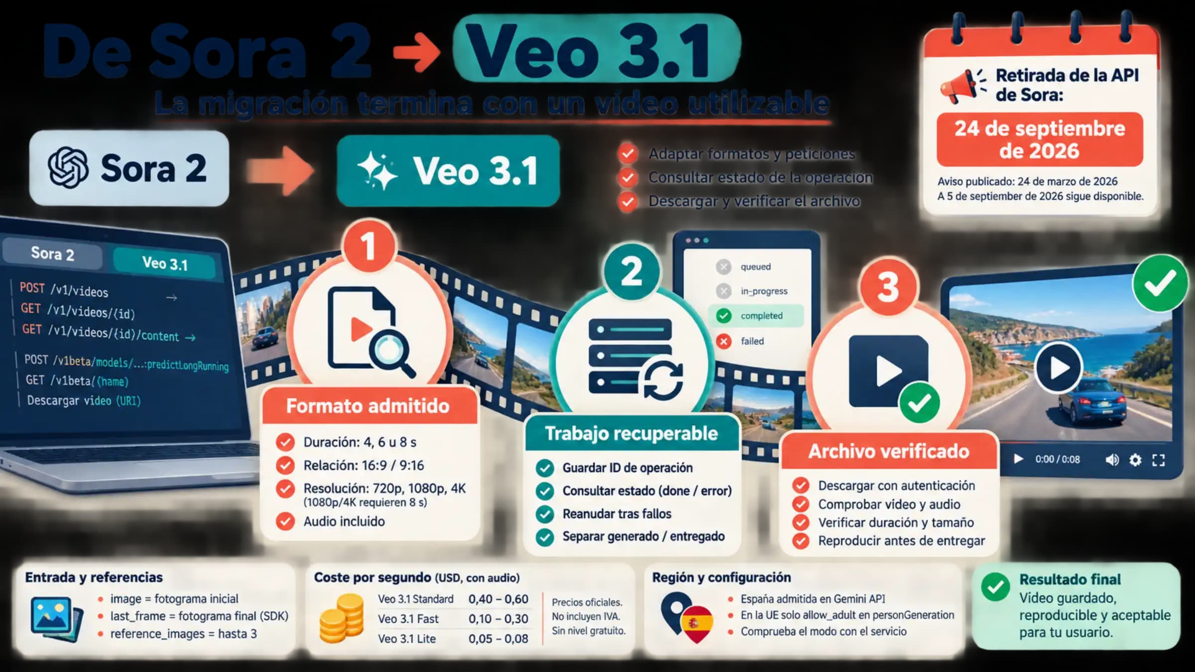 Migración de Sora 2 a Veo 3.1: comprobar el formato, recuperar el trabajo y verificar el vídeo descargado