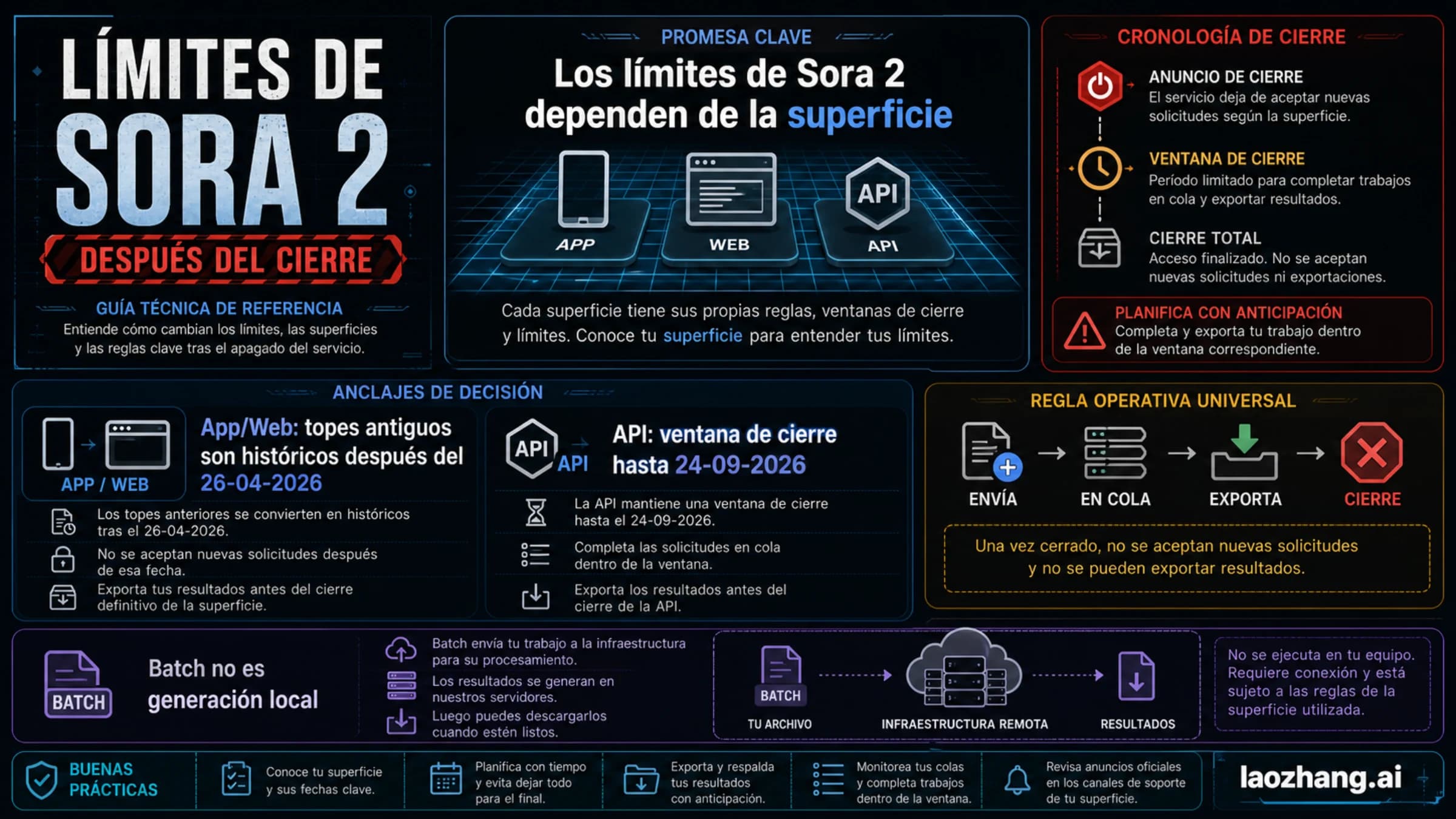 Tablero de límites de Sora 2 que separa topes históricos, cierre de API, cola Batch y exportación