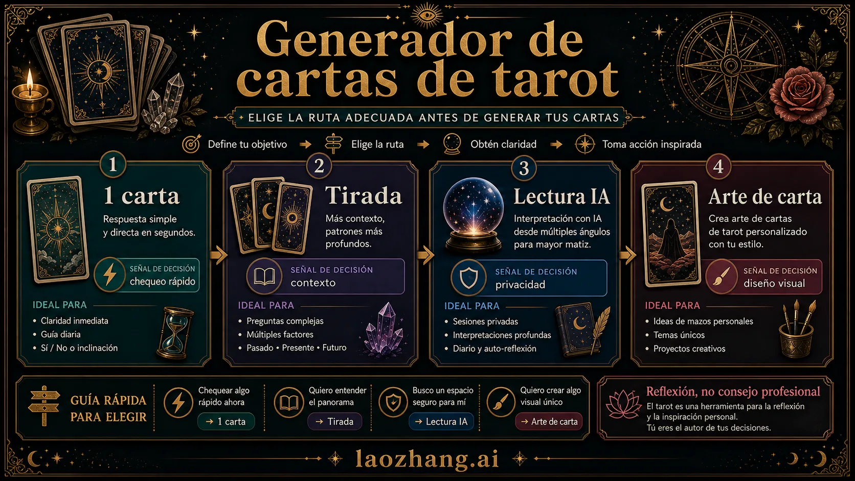 Mapa para elegir generador de cartas de tarot: una carta, tirada, lectura IA o arte de carta