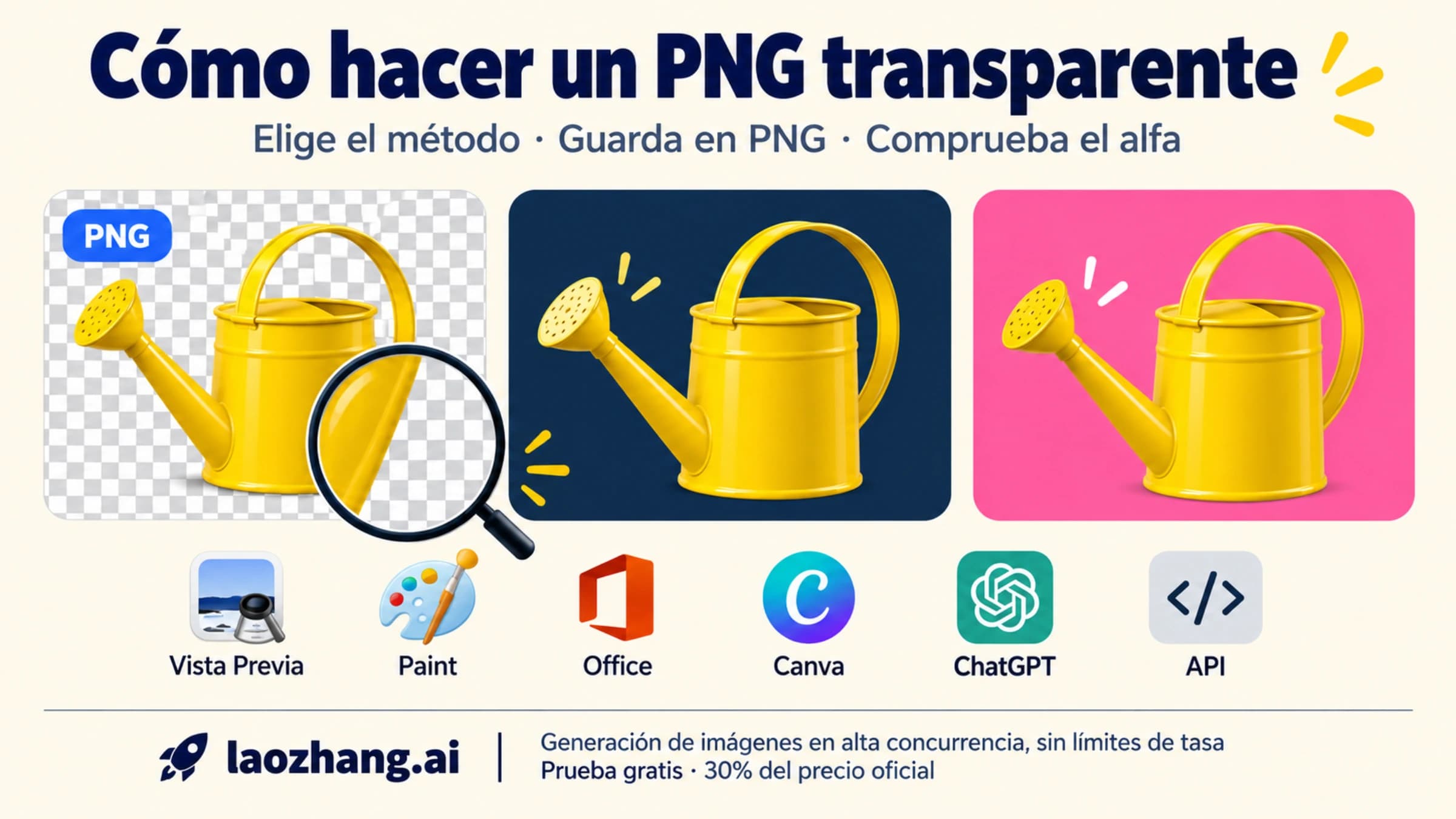 Regadera amarilla recortada sobre un tablero de ajedrez con la etiqueta PNG y una lupa sobre el borde, junto a la misma regadera colocada sobre fondos azul marino y rosa