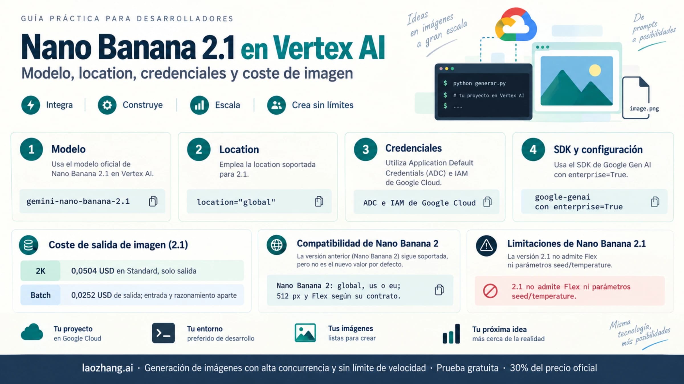 Nano Banana 2.1 en Vertex AI: modelo global, autenticación Cloud y coste 2K