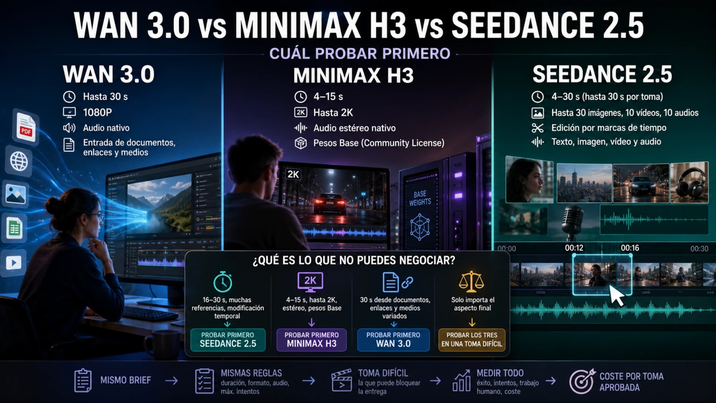 Portada de selección por entrega entre Wan 3.0, MiniMax H3 y Seedance 2.5