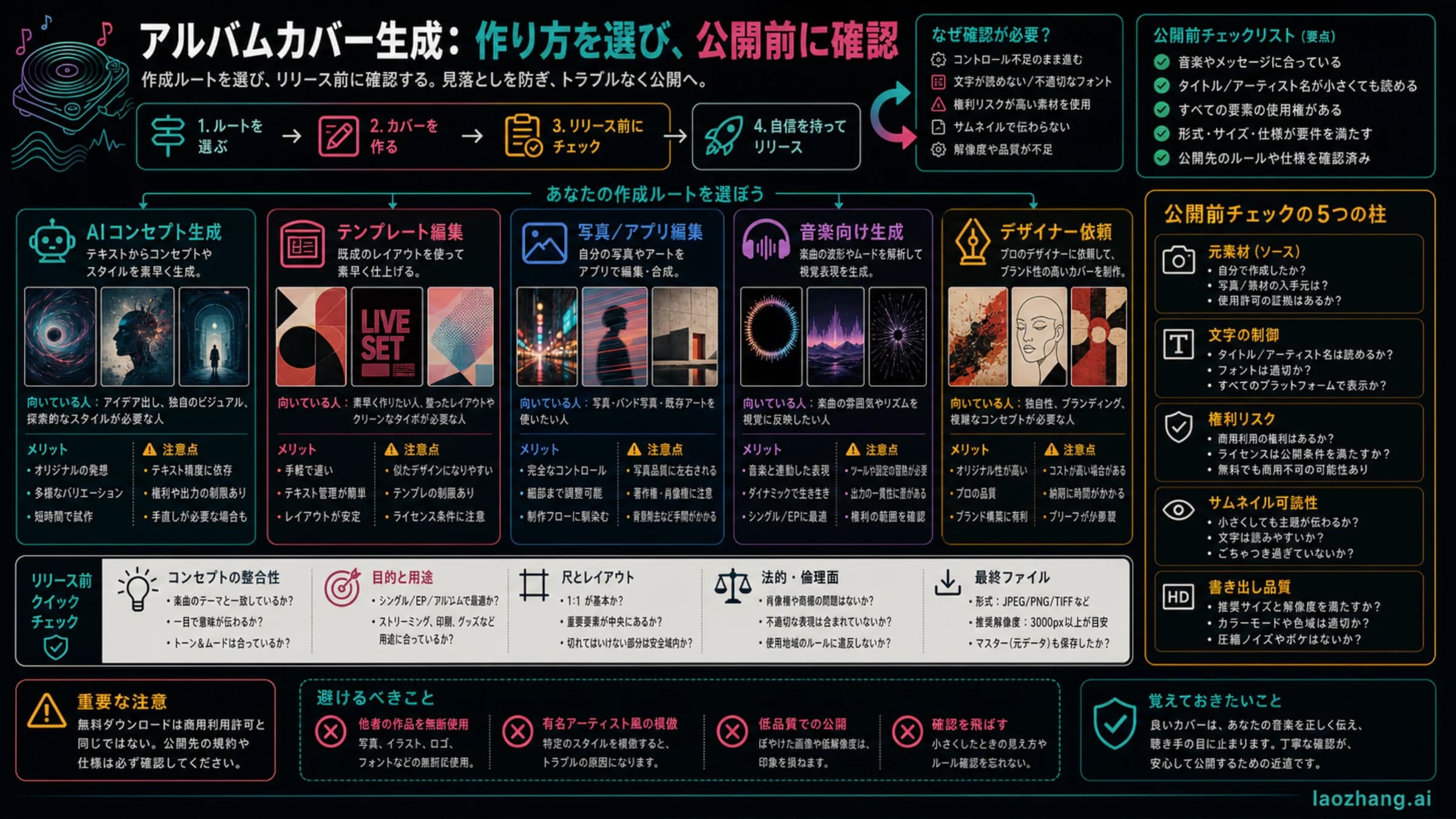 AI、テンプレート、写真、音楽連動ツール、デザイナーを比較するアルバムカバー生成ルート表