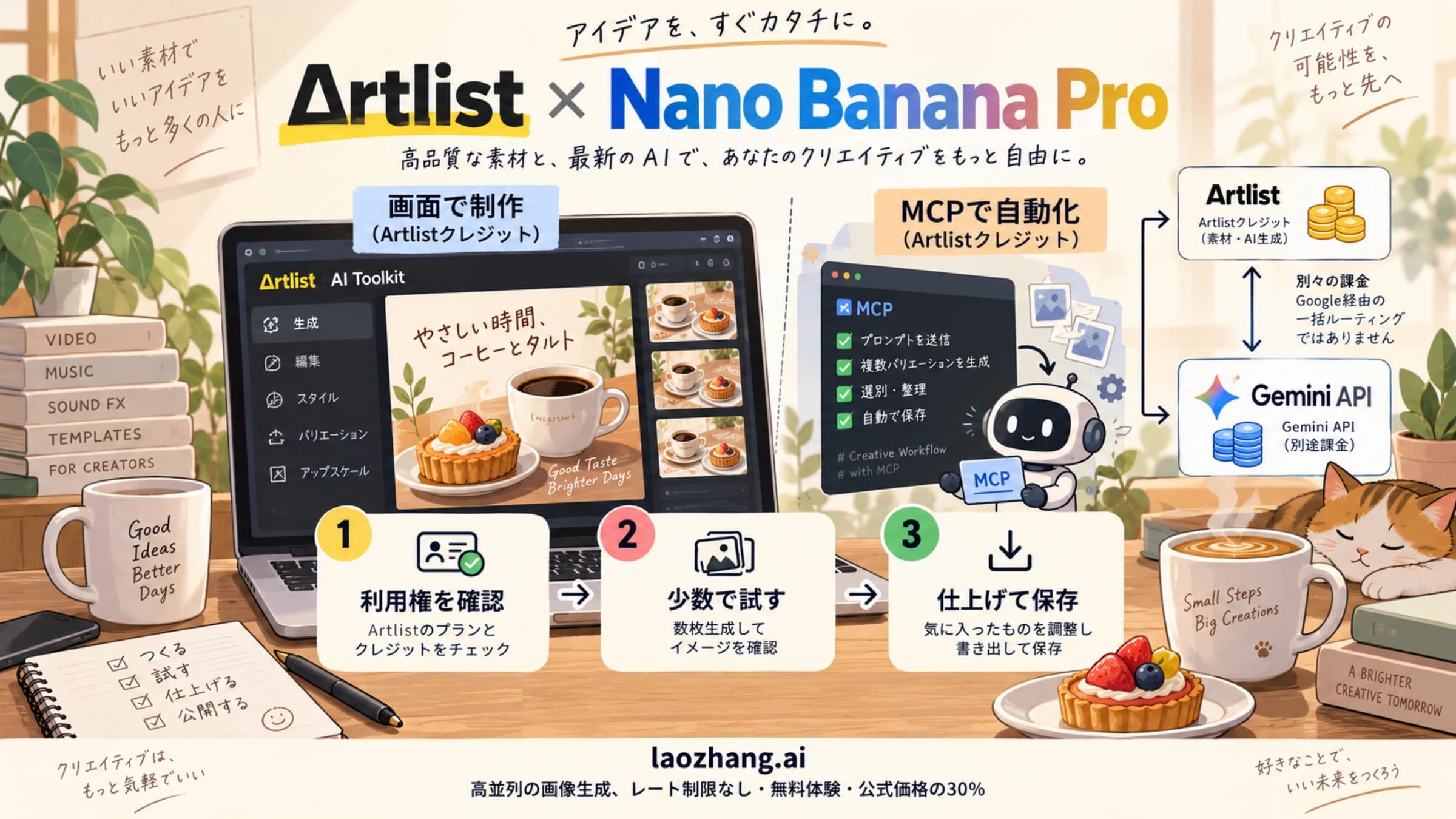 ArtlistのNano Banana Proで利用権確認から画像制作・保存へ進み、画面とMCPの課金を分ける概念図