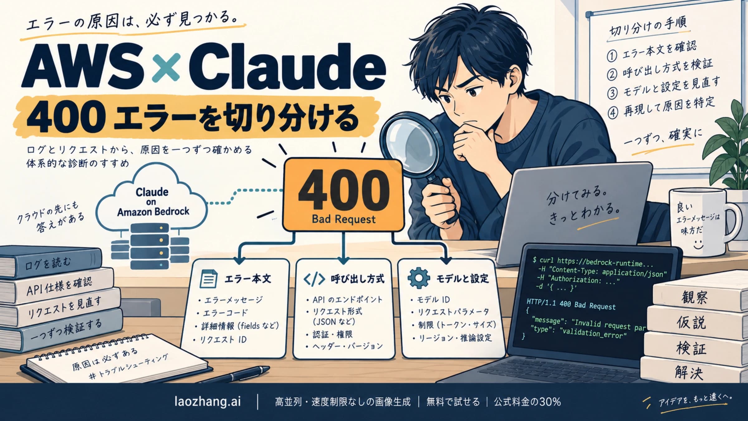 AWS 上の Claude の 400 エラーを、エラー本文・呼び出し方式・モデルと設定から調べるイラスト