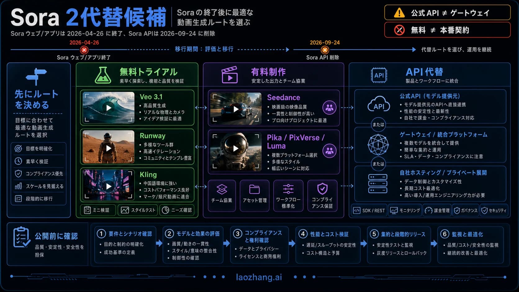 Sora 2代替ルートボード。Webとアプリの終了日、API削除予定日、無料試用、有料制作、API代替、確認ルールを示す