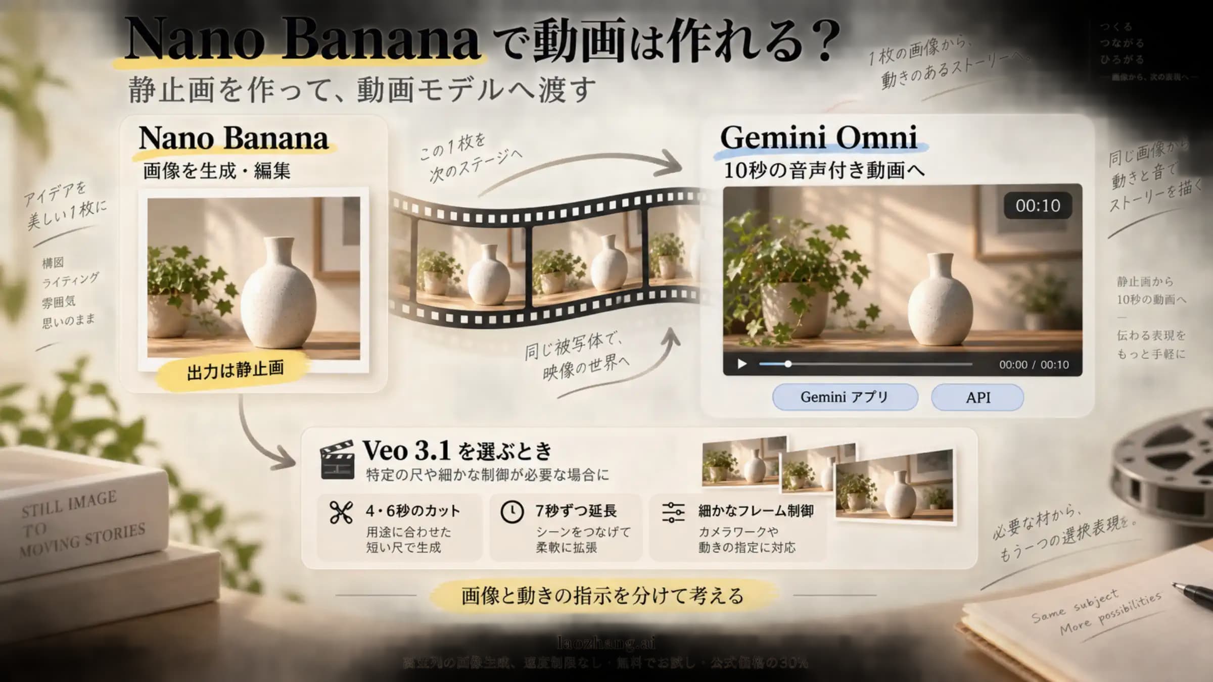 Nano Banana で作った静止画が Gemini Omni で 10 秒の動画になる流れと、Veo 3.1 を選ぶ条件を示した図