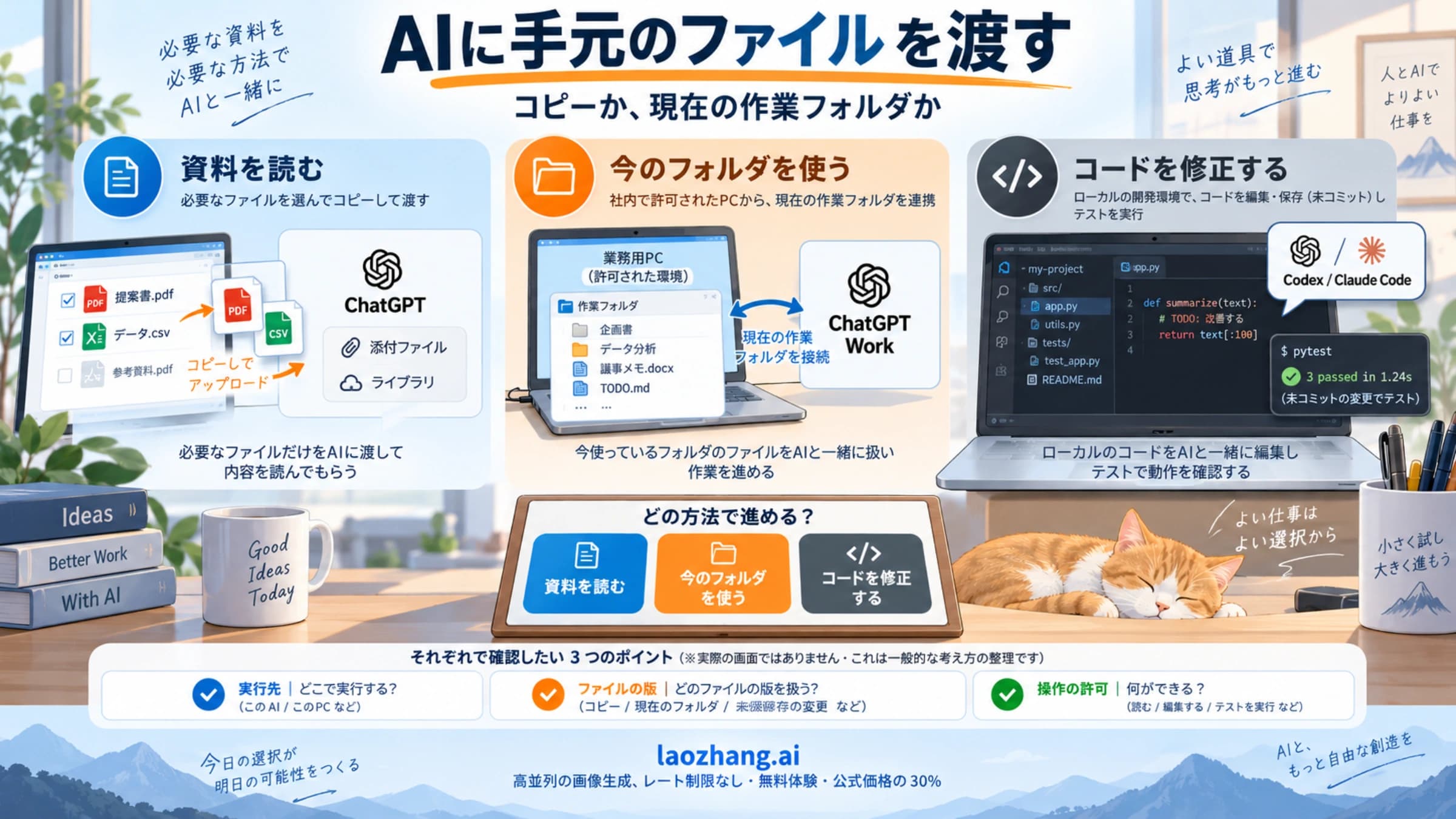 資料のコピー、Workの承認済みPC、CodexとClaude Codeの作業フォルダを使い分ける概念図