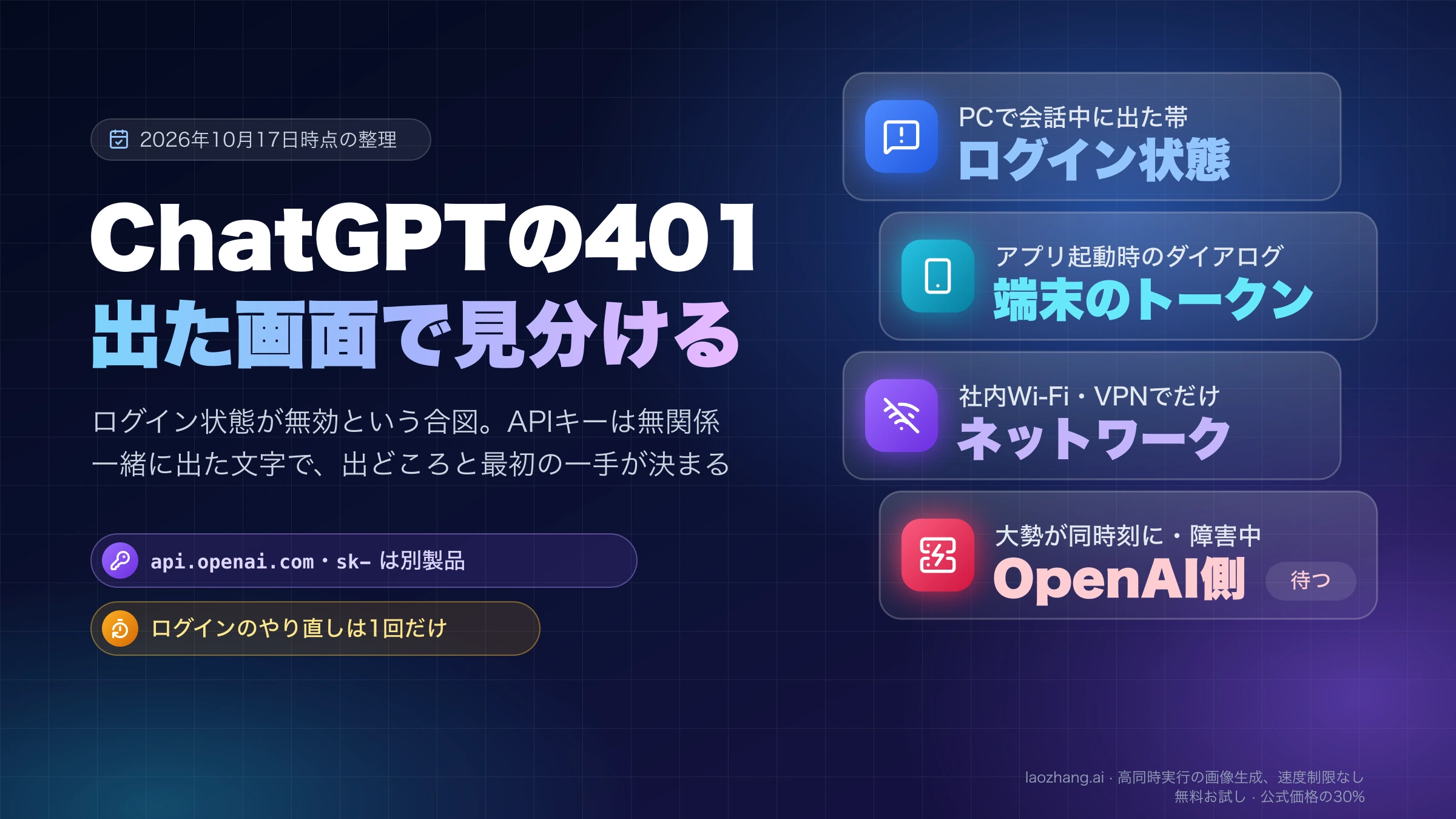 ChatGPTの401エラーの出どころを、会話中の帯はログイン状態、アプリ起動時のダイアログは端末のトークン、社内Wi-Fi・VPNだけならネットワーク、障害中ならOpenAI側と分け、api.openai.comやsk-が見えれば別製品と示した表紙図