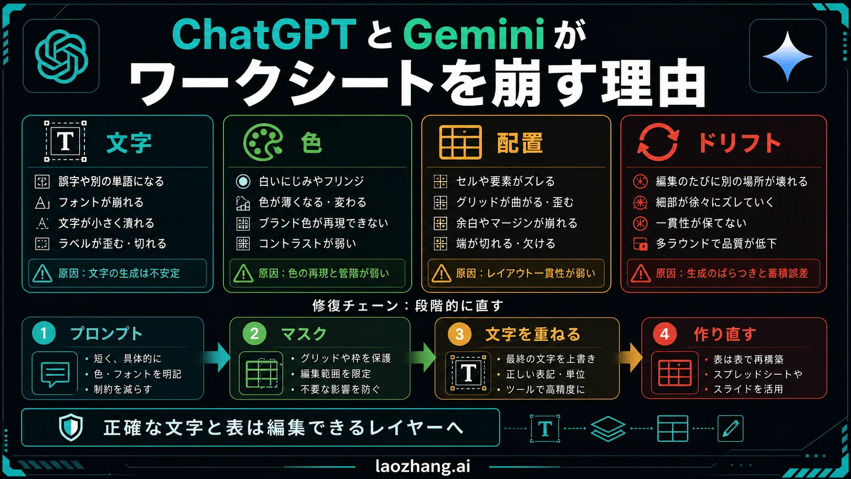 ChatGPT と Gemini の画像生成で文字、色、ワークシート配置が崩れる理由。