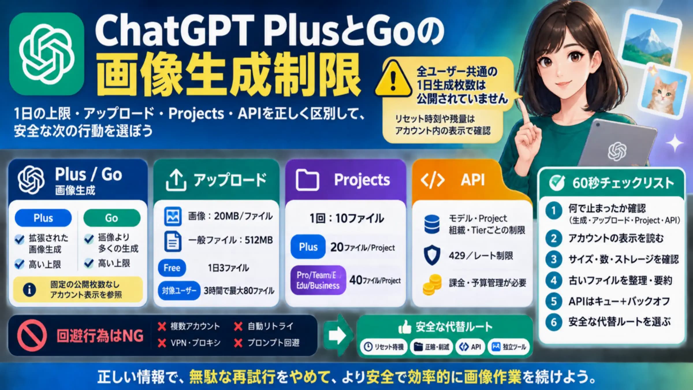ChatGPT PlusとGoの画像生成制限を、公式アップロード上限、アカウント表示、API、安全な代替策に分ける情報ボード