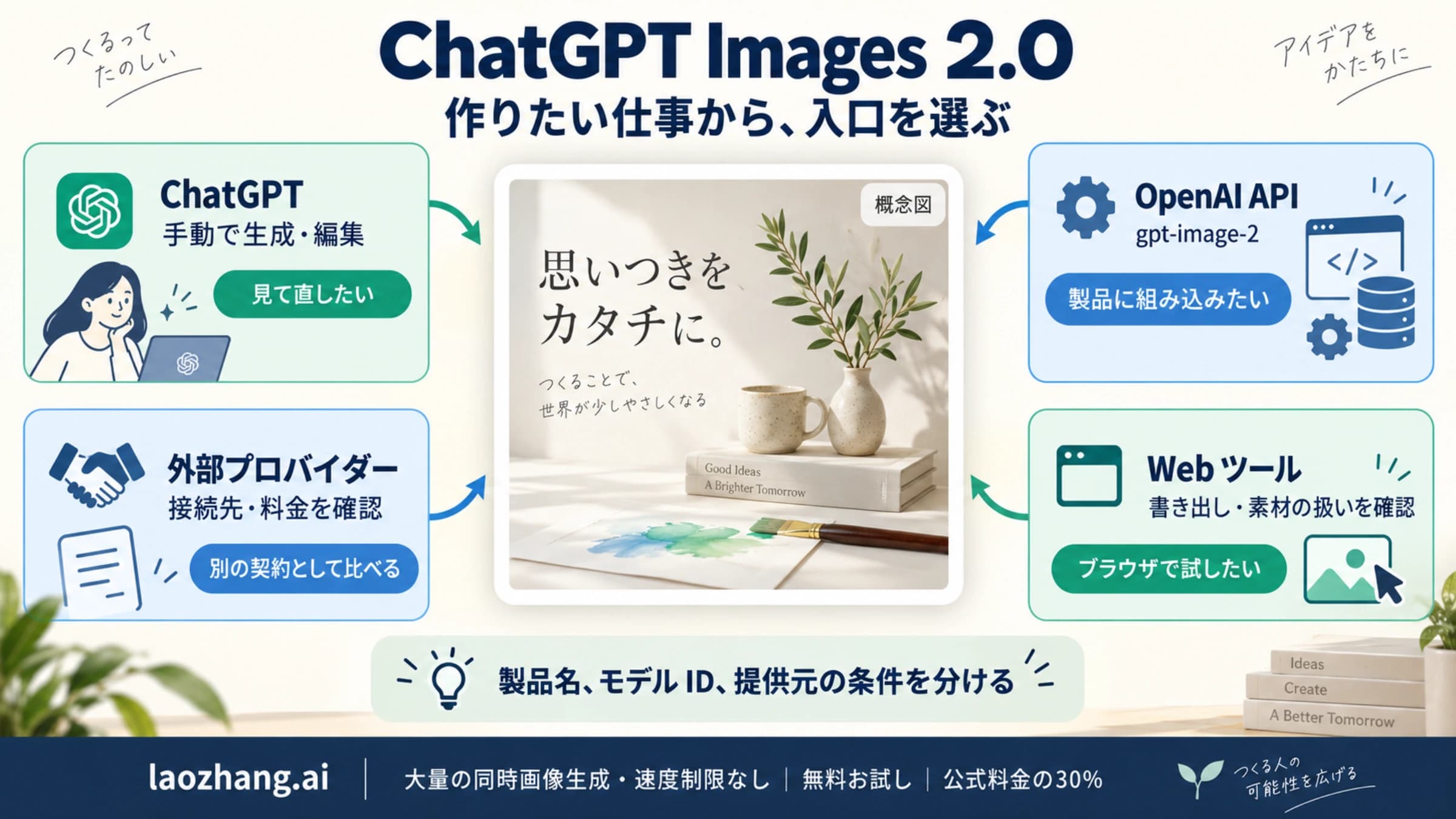 ChatGPT Images 2.0 の用途を、ChatGPT、OpenAI API、外部プロバイダー、Web ツールの入口に分ける概念図
