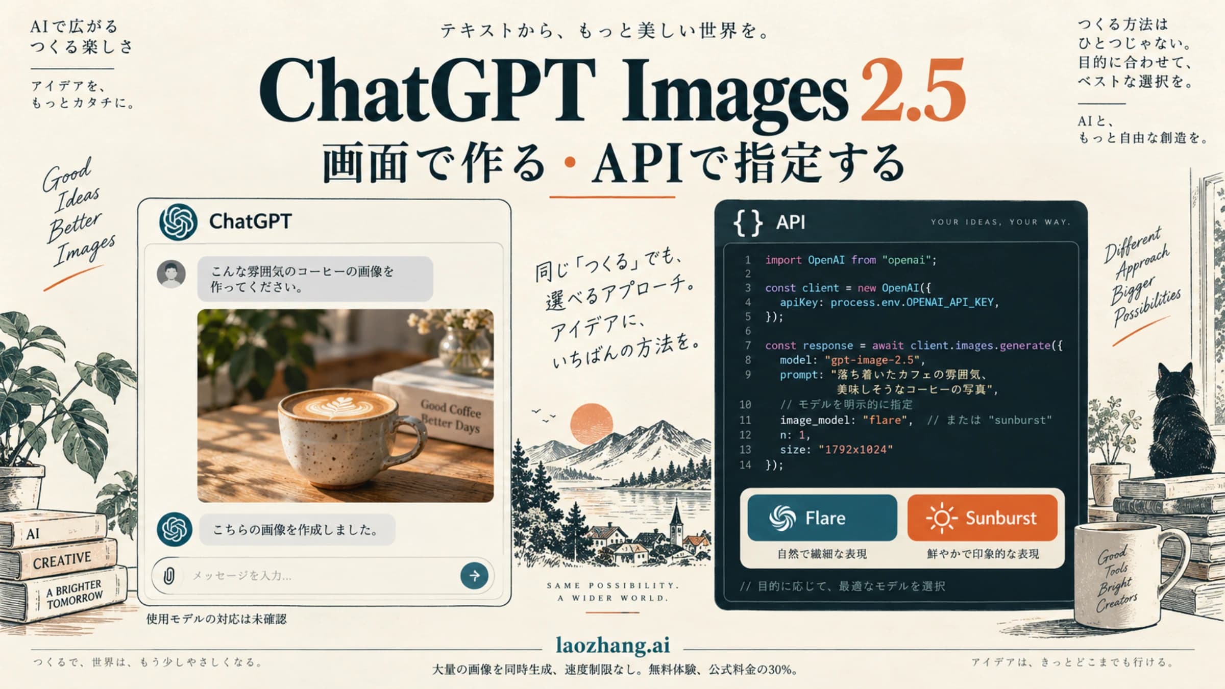 ChatGPTでの画像作成と、APIでのFlare・Sunburstの指定を並べた概念図
