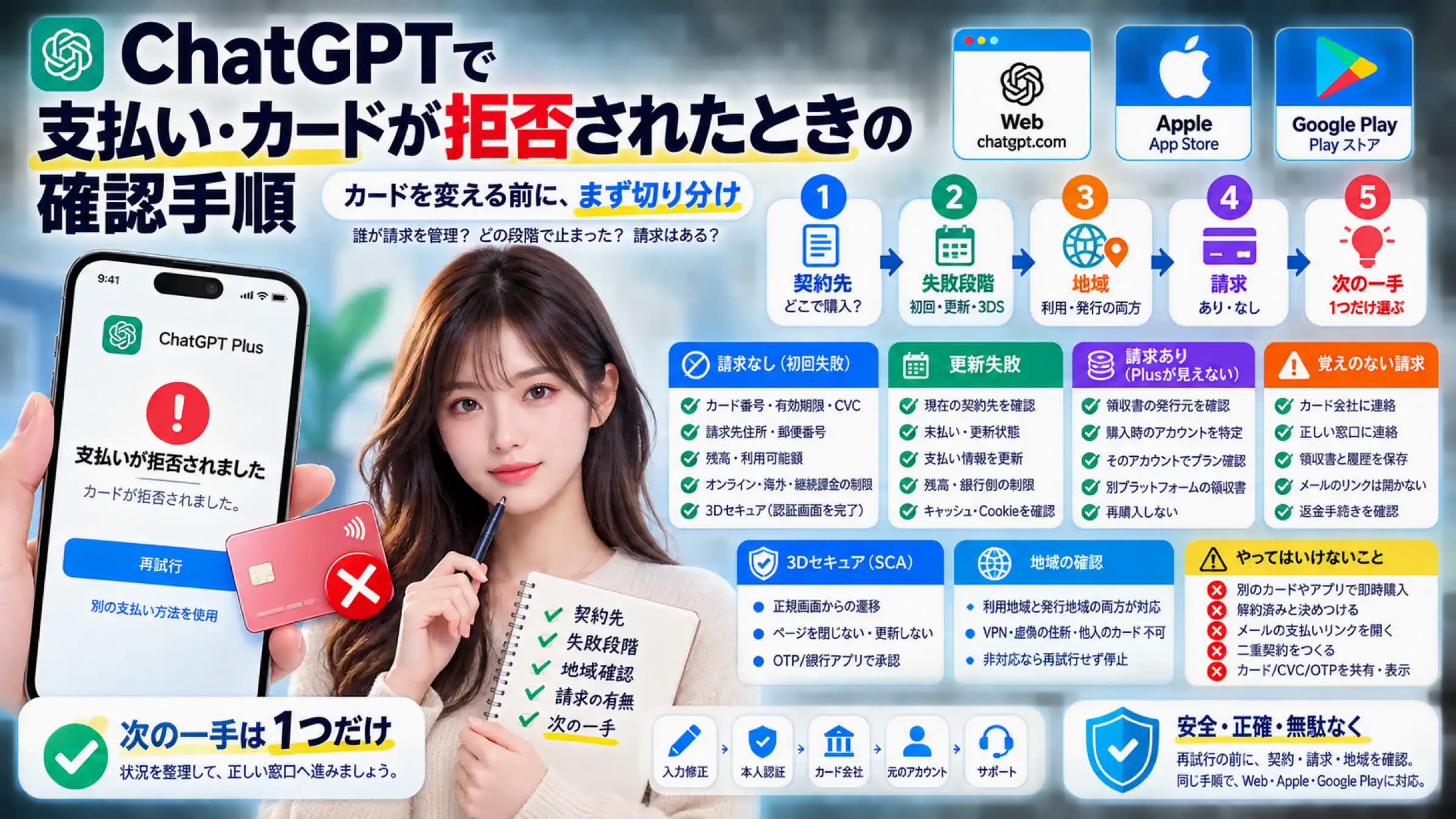 ChatGPTの支払い拒否を契約先、失敗段階、地域、請求の有無、次の一手で切り分ける判断図