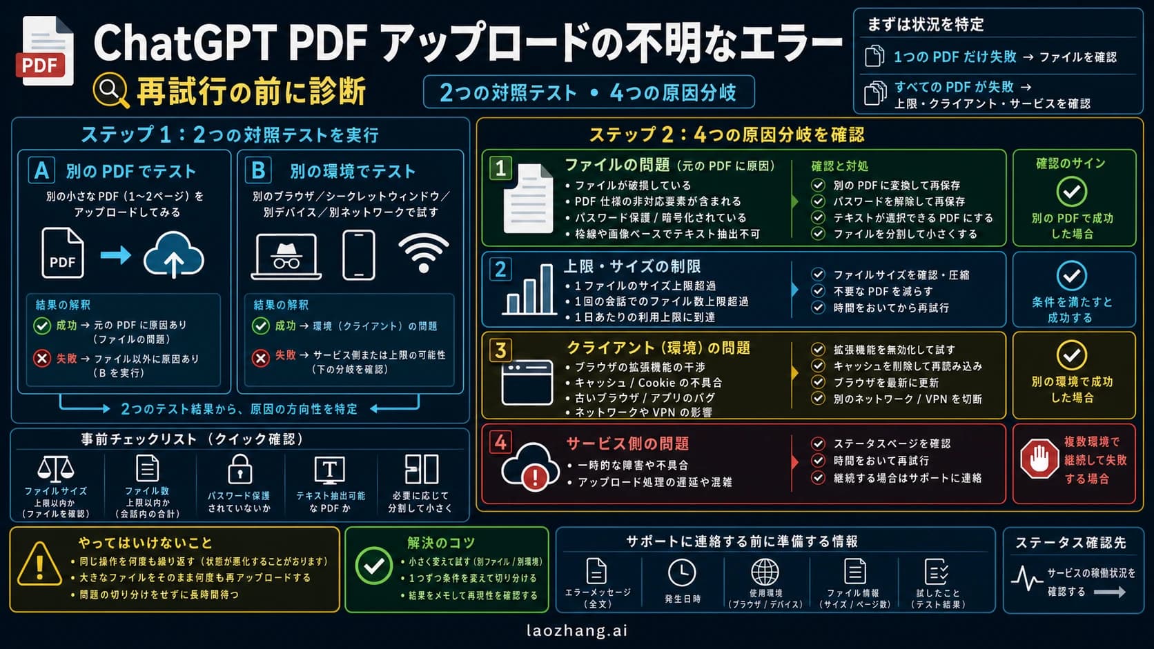 正常なPDFと新しいセッションでChatGPTのPDFアップロード不明エラーを切り分ける図