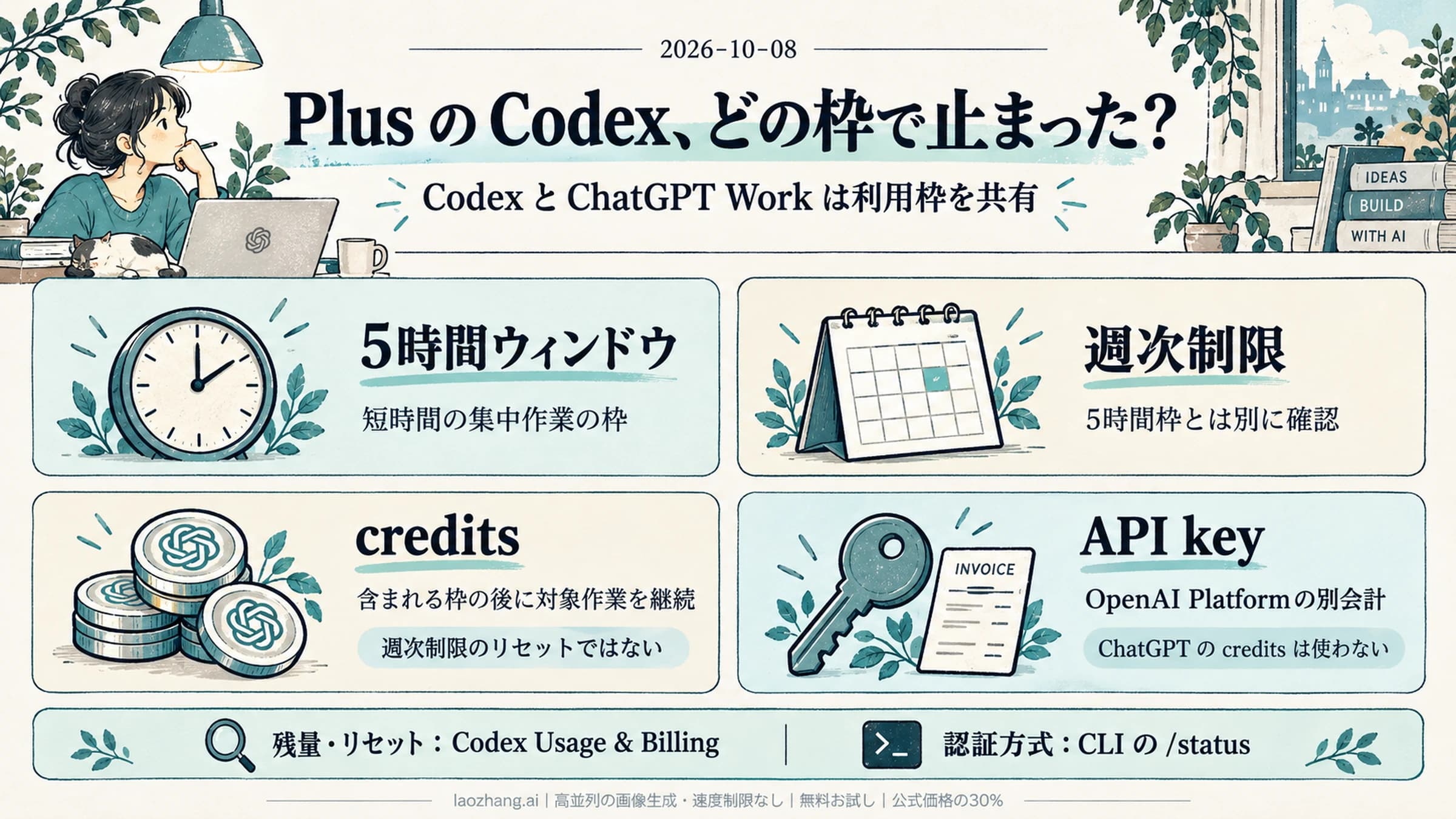 ChatGPT Plus Codex の利用枠を、5時間ウィンドウ、週次制限、credits、API key 課金に分けたボード