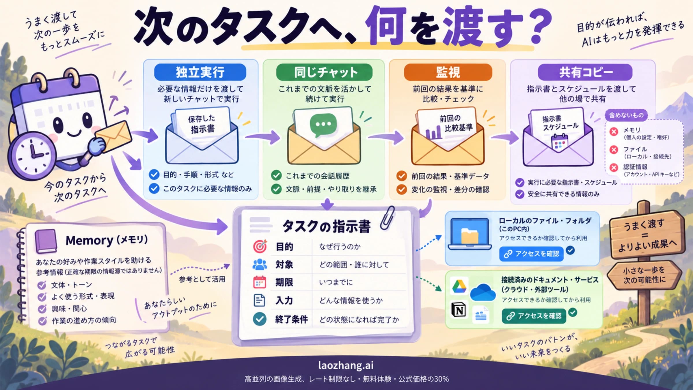 独立実行、チャット継続、監視、共有コピーに必要な指示と入力を分ける概念図