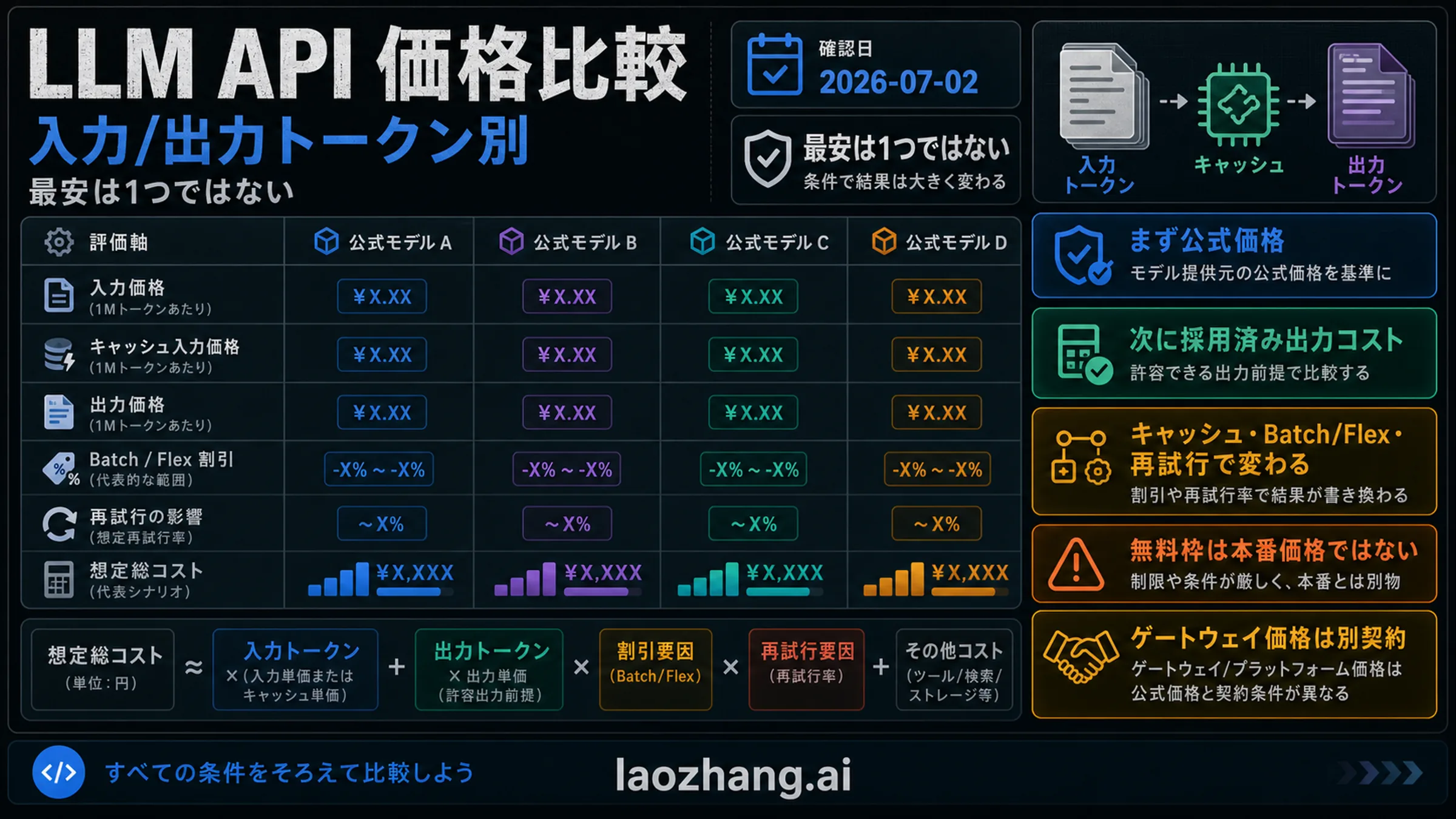 入力/出力トークン、キャッシュ、Batch/Flex、再試行、ゲートウェイ契約を示す LLM API 価格比較ボード。