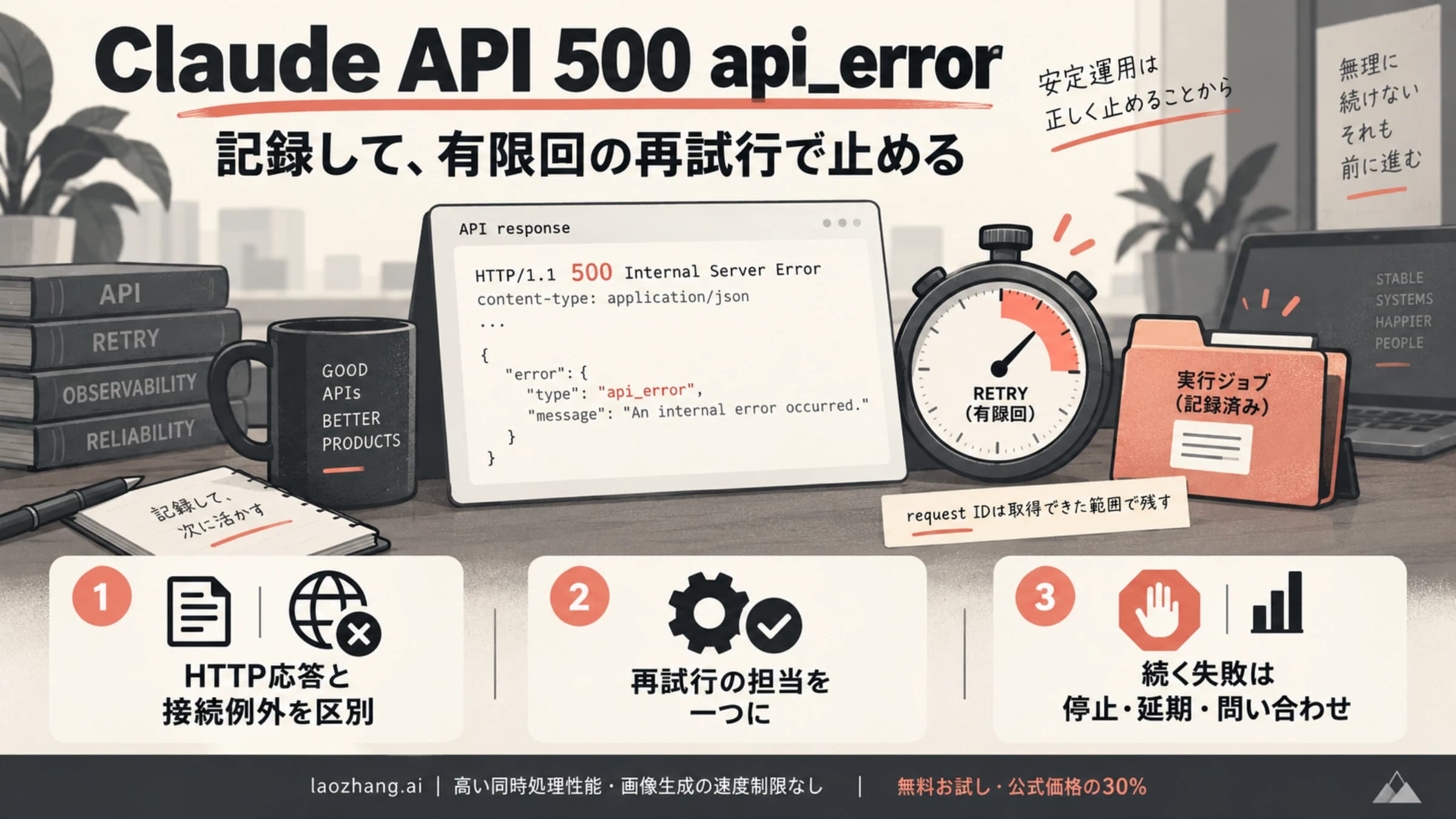 Claude APIの500を記録し、有限回の再試行後に停止する考え方
