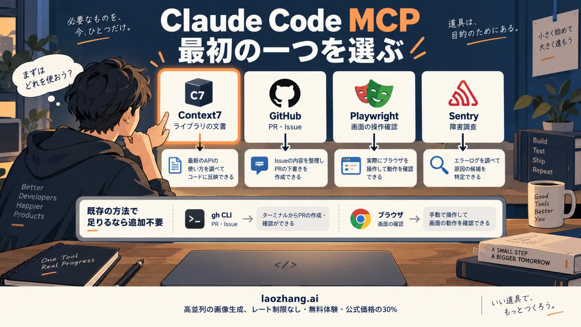 文書参照、PRとIssue、画面操作、障害調査の目的から最初のMCPを選ぶ概念図