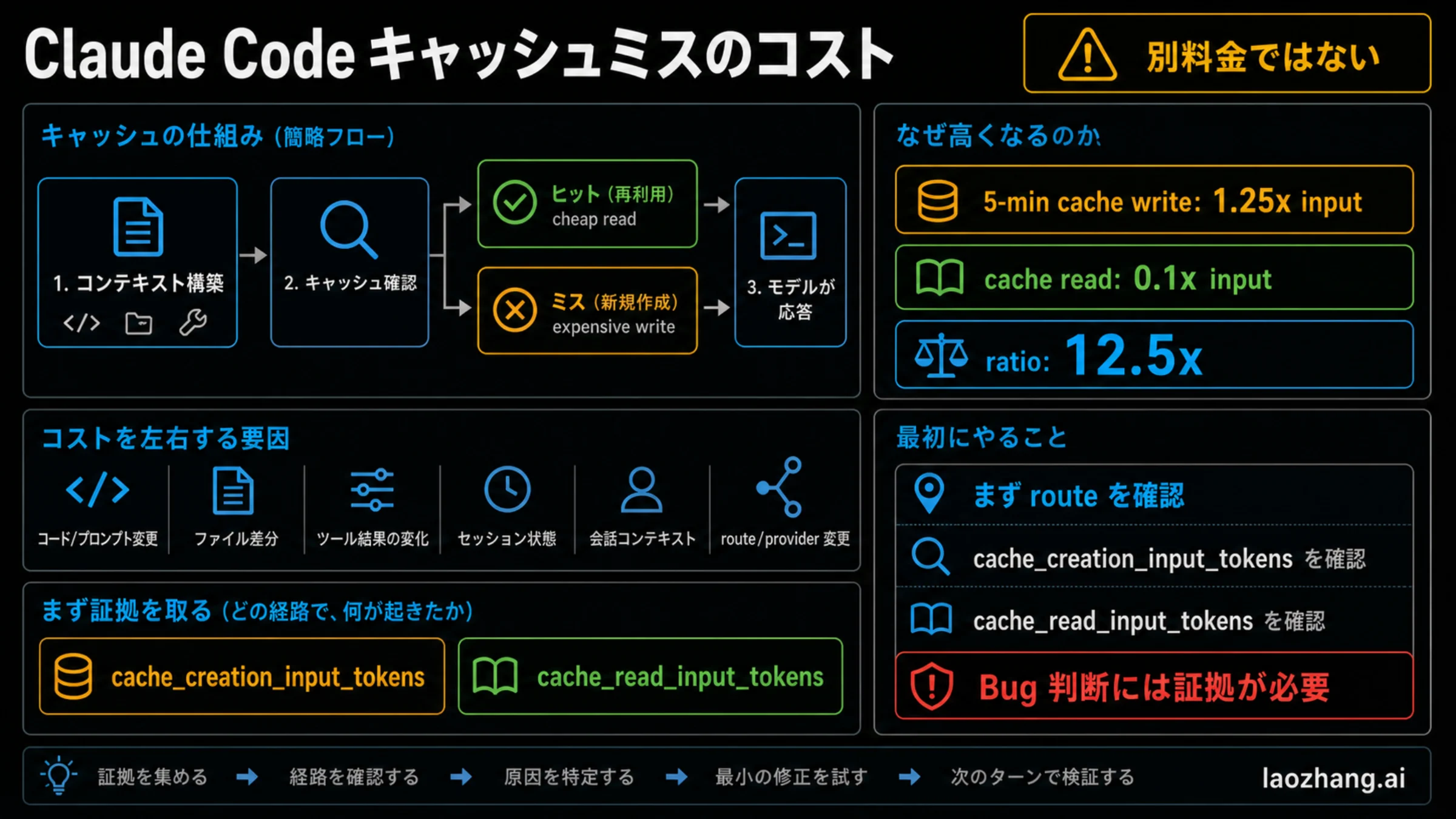 Claude Code cache miss の経路、write/read 比率、cache fields、stop rule を示す確認ボード