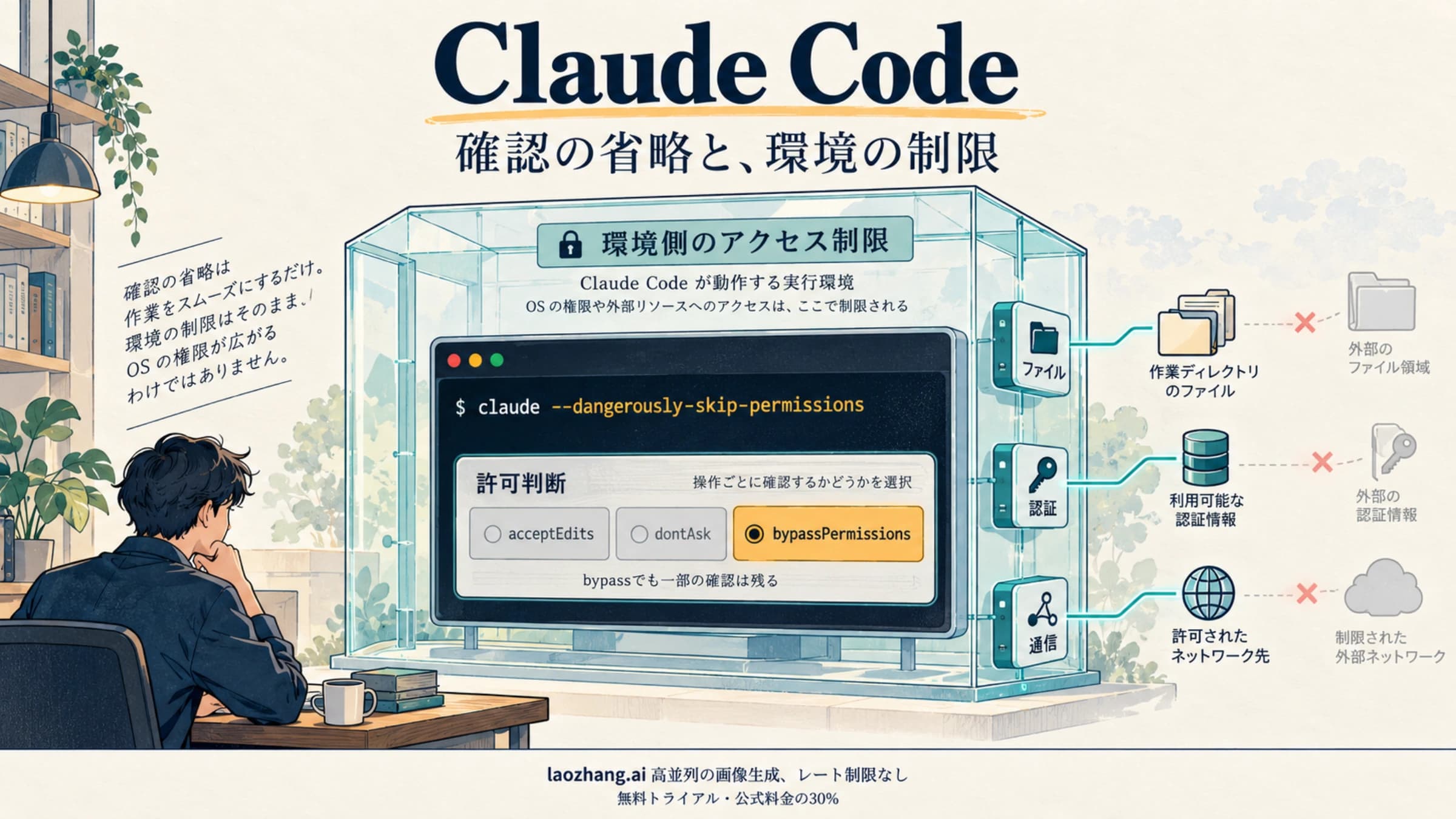 確認を減らすモードと外部環境で制限するファイル・認証・通信の範囲を分ける概念図
