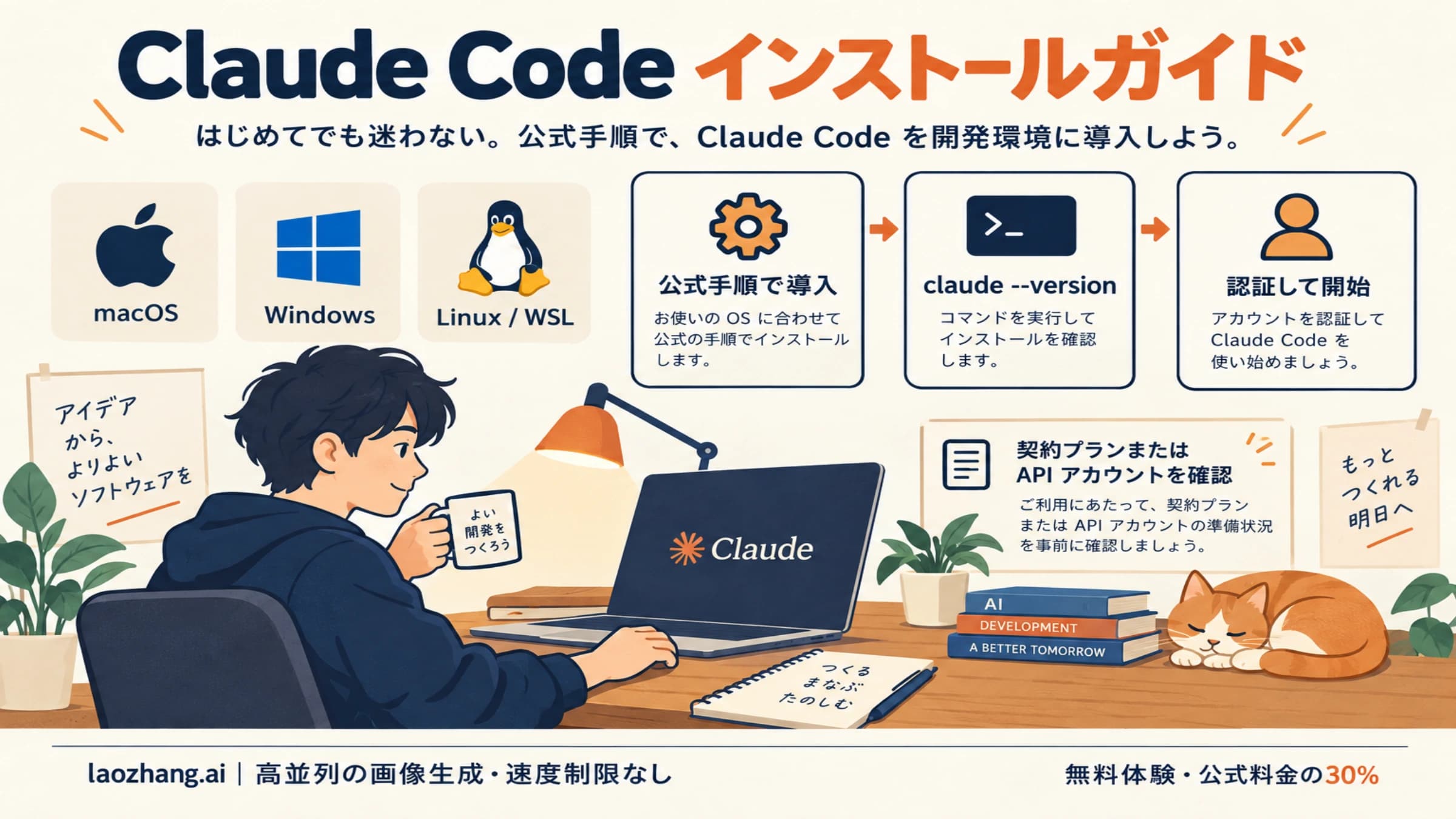 macOS、Windows、LinuxでClaude Codeを導入し、バージョン確認と認証へ進む手順