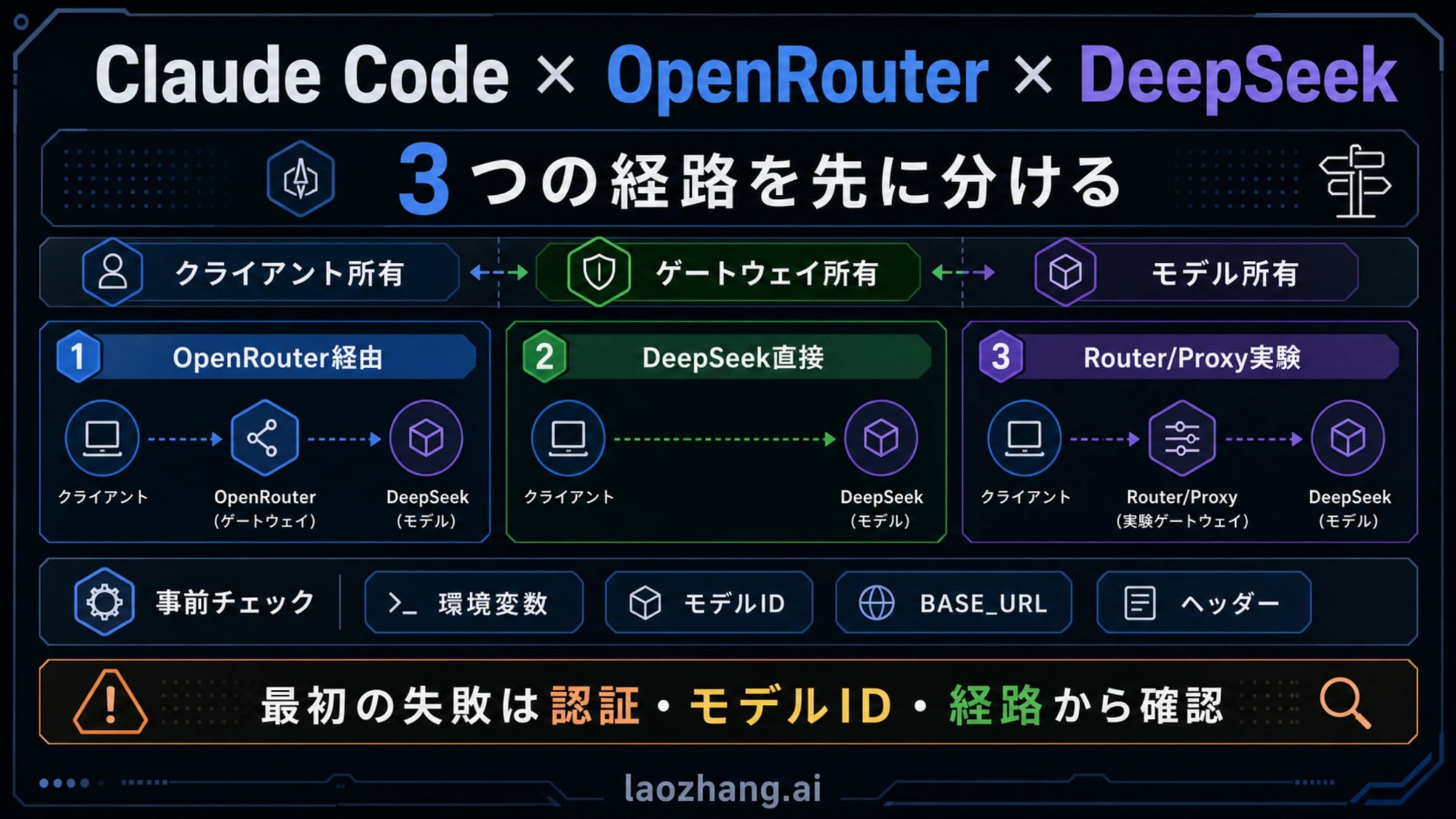 Claude CodeからOpenRouter経由またはDeepSeek直結でモデルを利用する接続の概念図