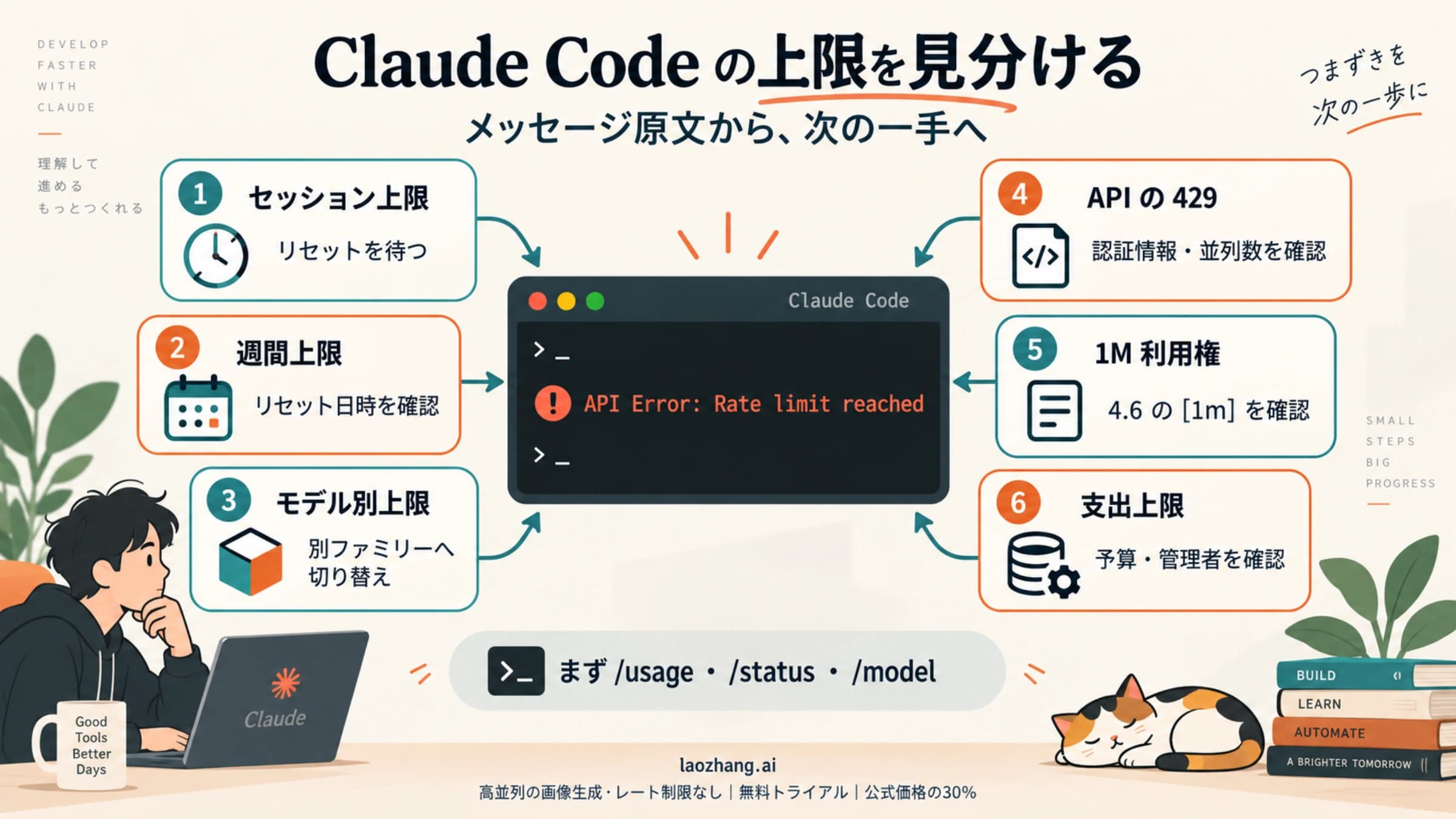 Claude Code のエラーメッセージから、セッション・週間・モデル別・API・1M 利用権・支出上限を見分ける概念図