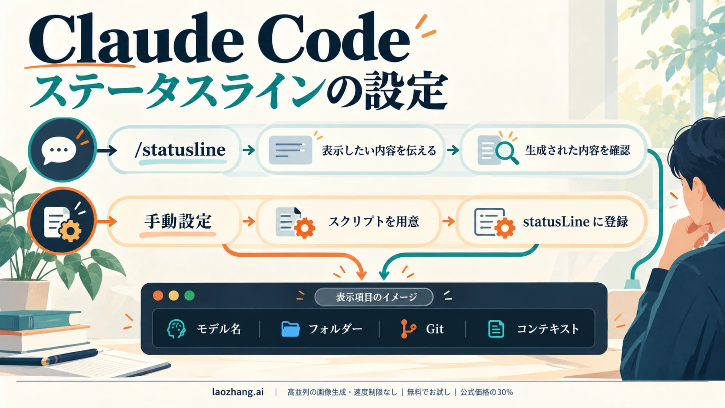Claude Code のステータスラインを設定する方法を並べた図