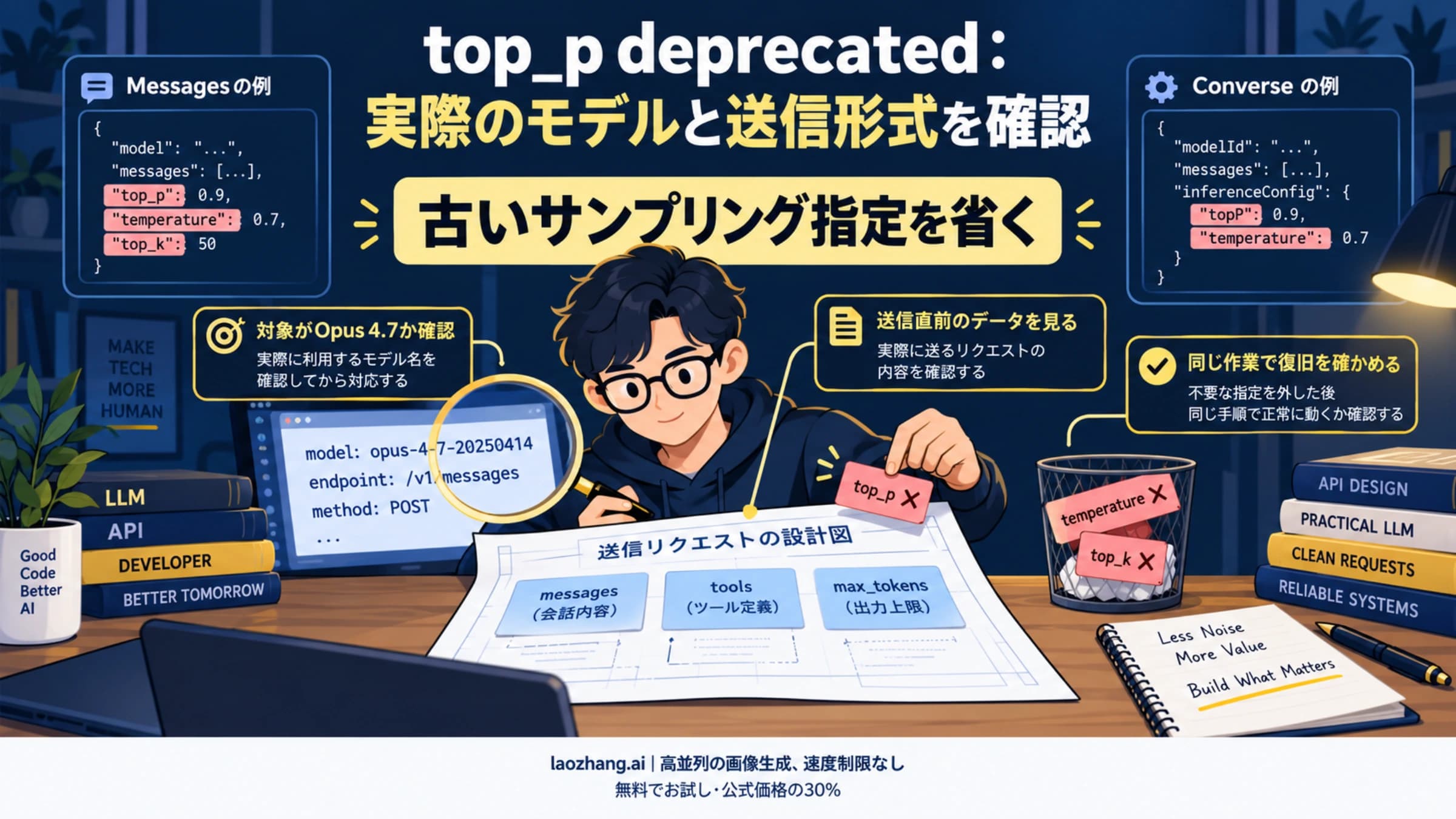 実際のモデルと送信形式を確かめ、Opus 4.7の不要なサンプリング指定を送信直前に省く図