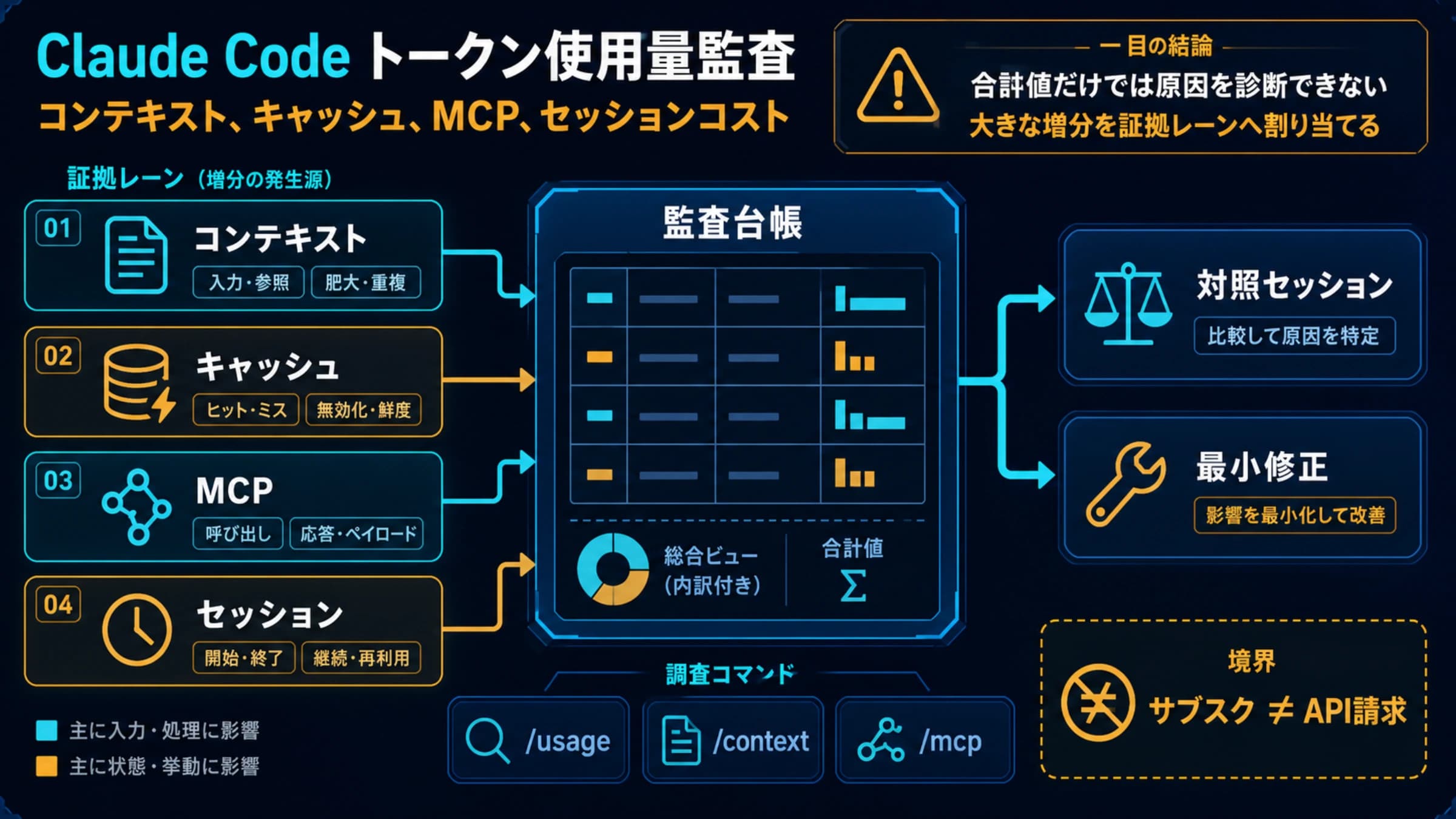 コンテキスト、キャッシュ、MCP、セッションコストを並べた Claude Code 監査ボード