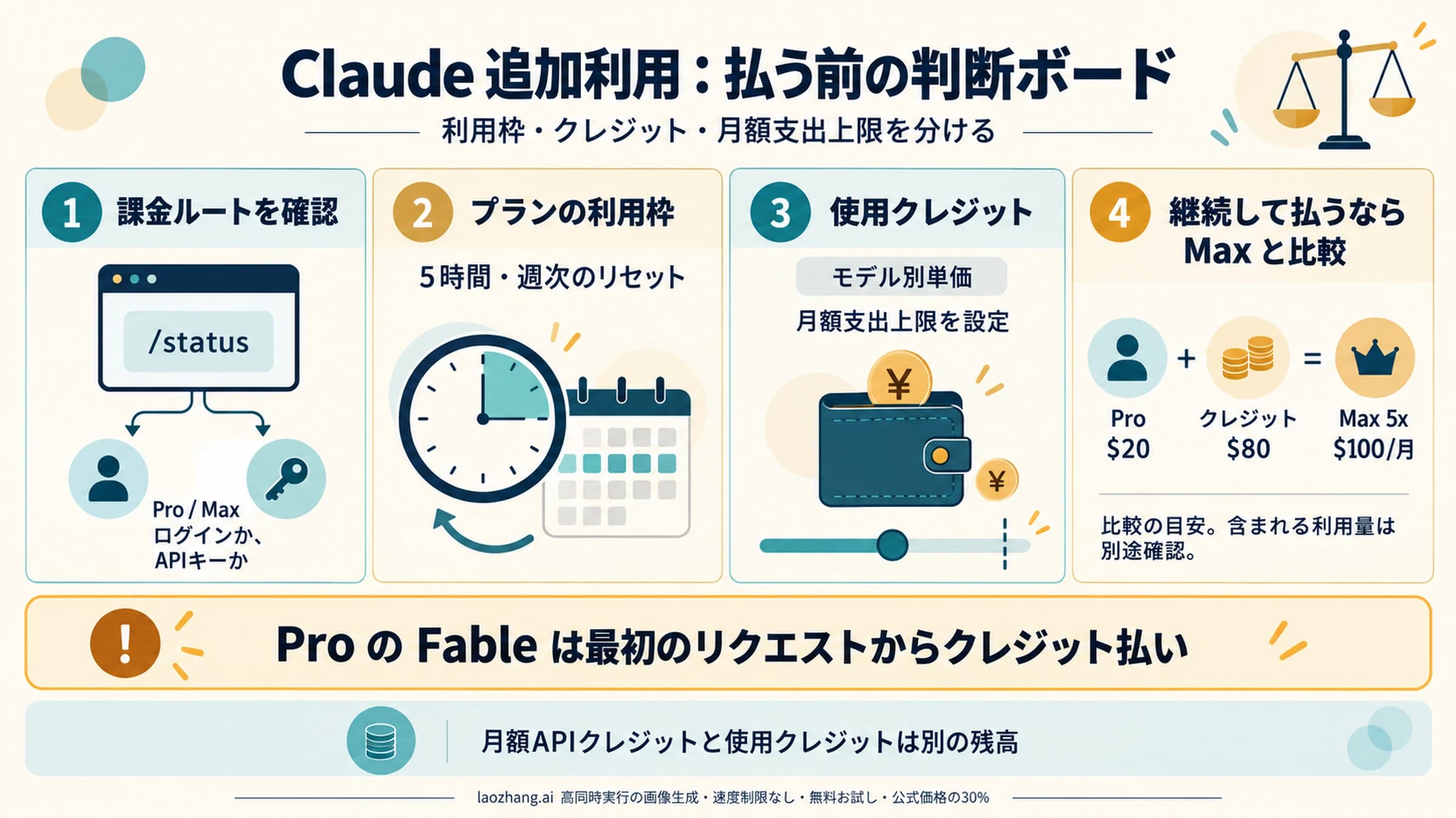 Claude 追加利用の料金を、クレジット、Max、Claude Code 課金ルート、月額上限で判断するボード