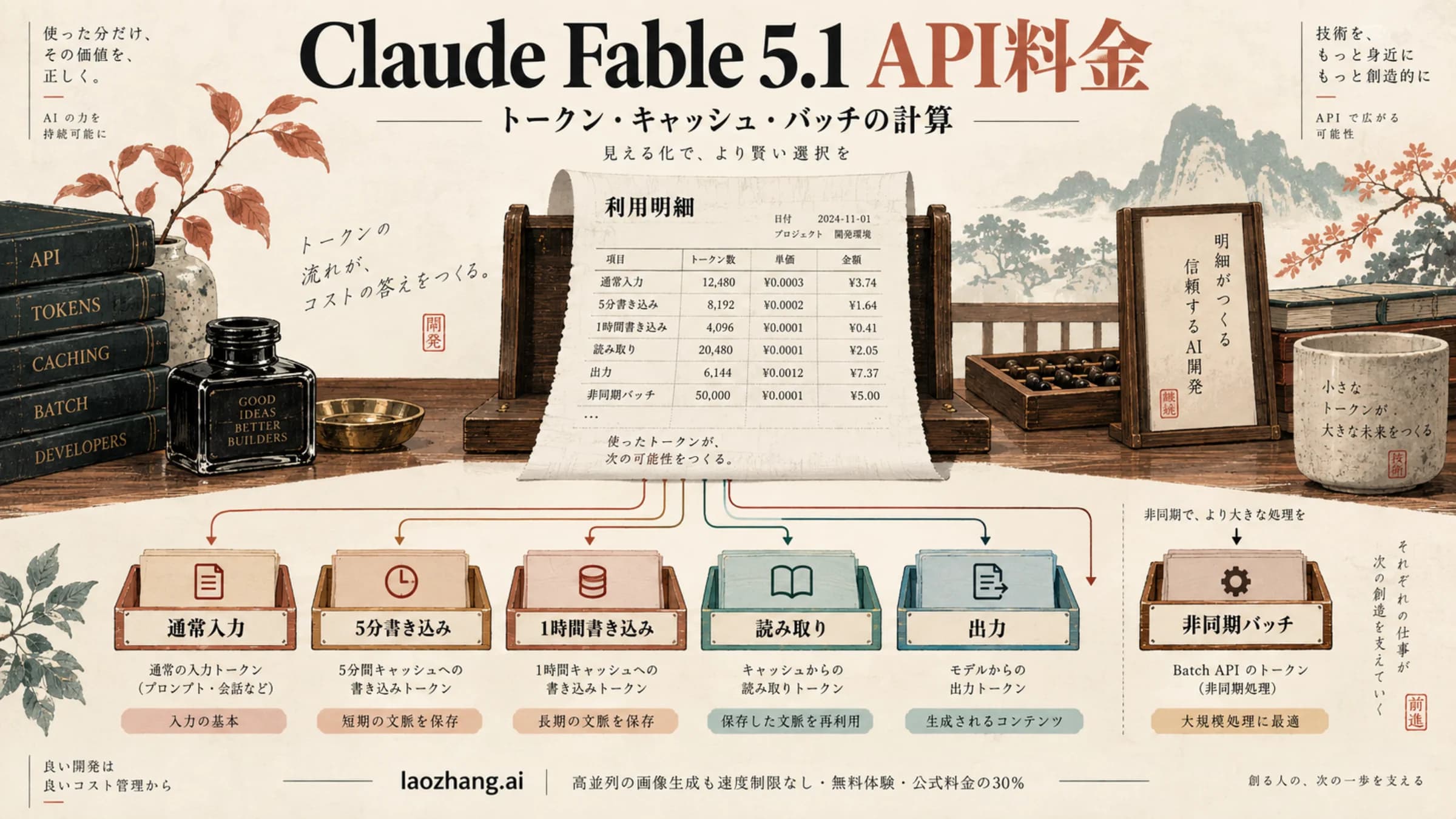 Claude Fable 5.1のAPI利用明細と5つの課金区分を示した図