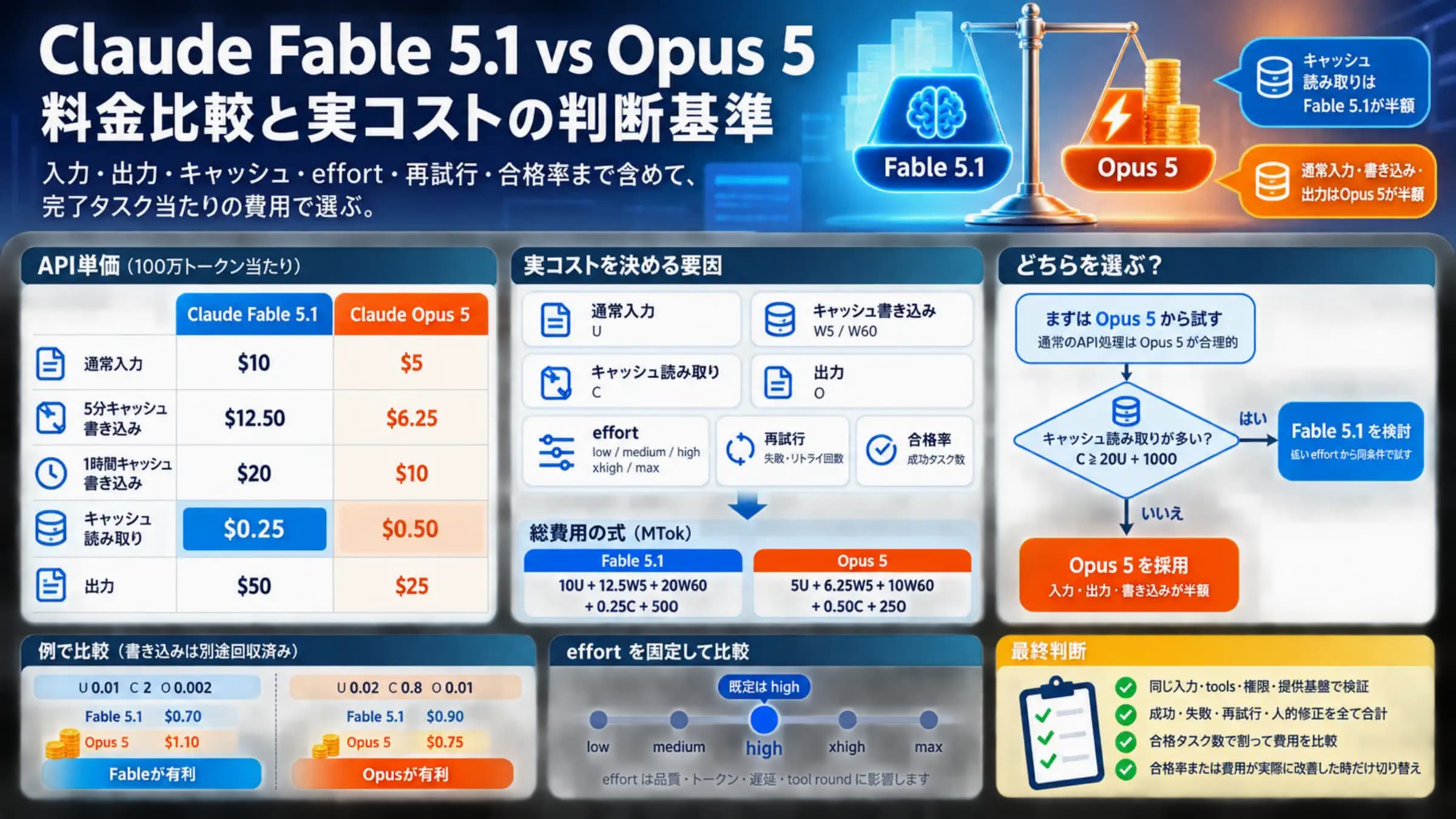 Claude Fable 5.1とOpus 5の通常入力、キャッシュ書き込みと読み取り、出力、完了タスク費用を分けた比較図