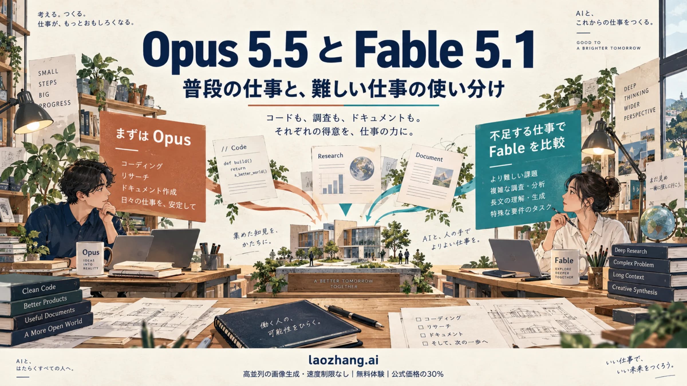 Opus 5.5とFable 5.1を仕事の難しさや必要な成果に合わせて使い分けるイメージ