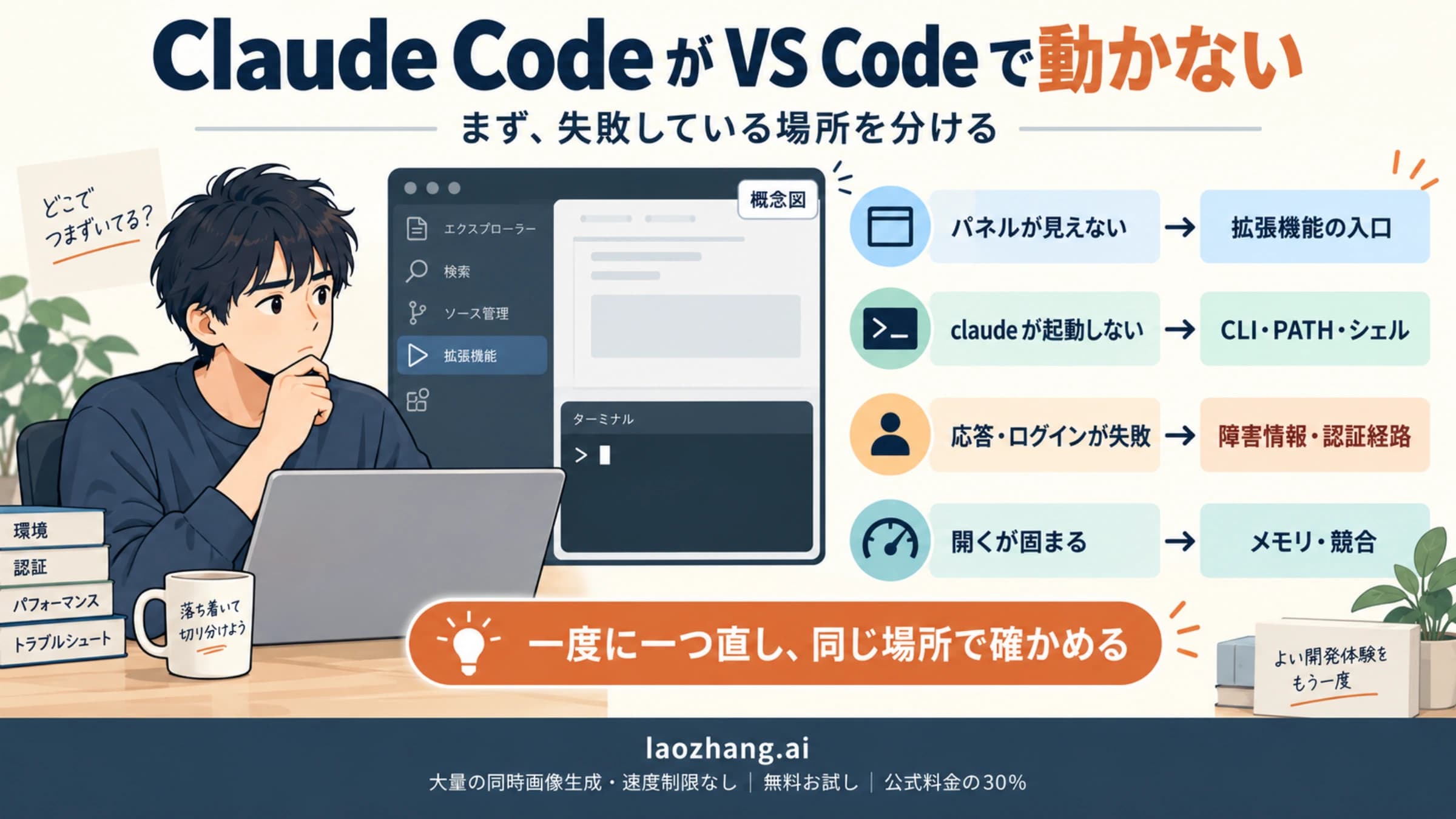 Claude Code が VS Code で動かない症状を、拡張機能の入口、CLI・PATH、認証経路、メモリ・競合に分ける概念図