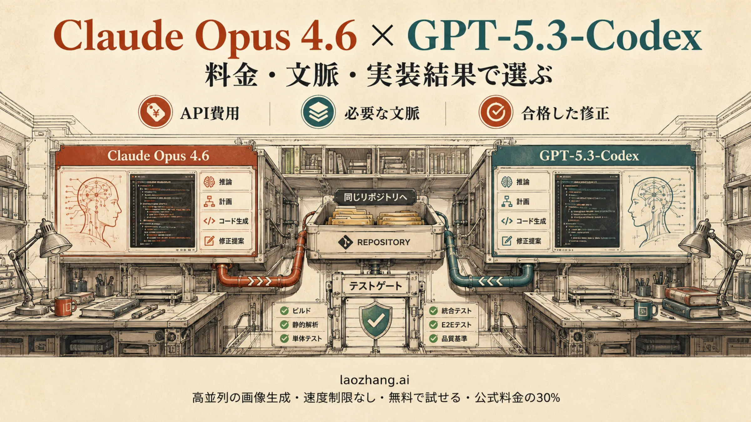 Claude Opus 4.6とGPT-5.3-Codexを同じリポジトリの修正とテストで比較する作業台のイラスト