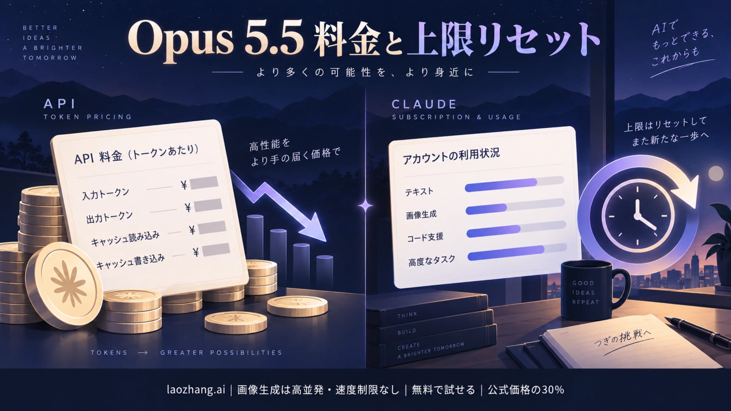 Opus 5.5のAPI料金とClaudeの上限リセット権を別々に確認するイメージ