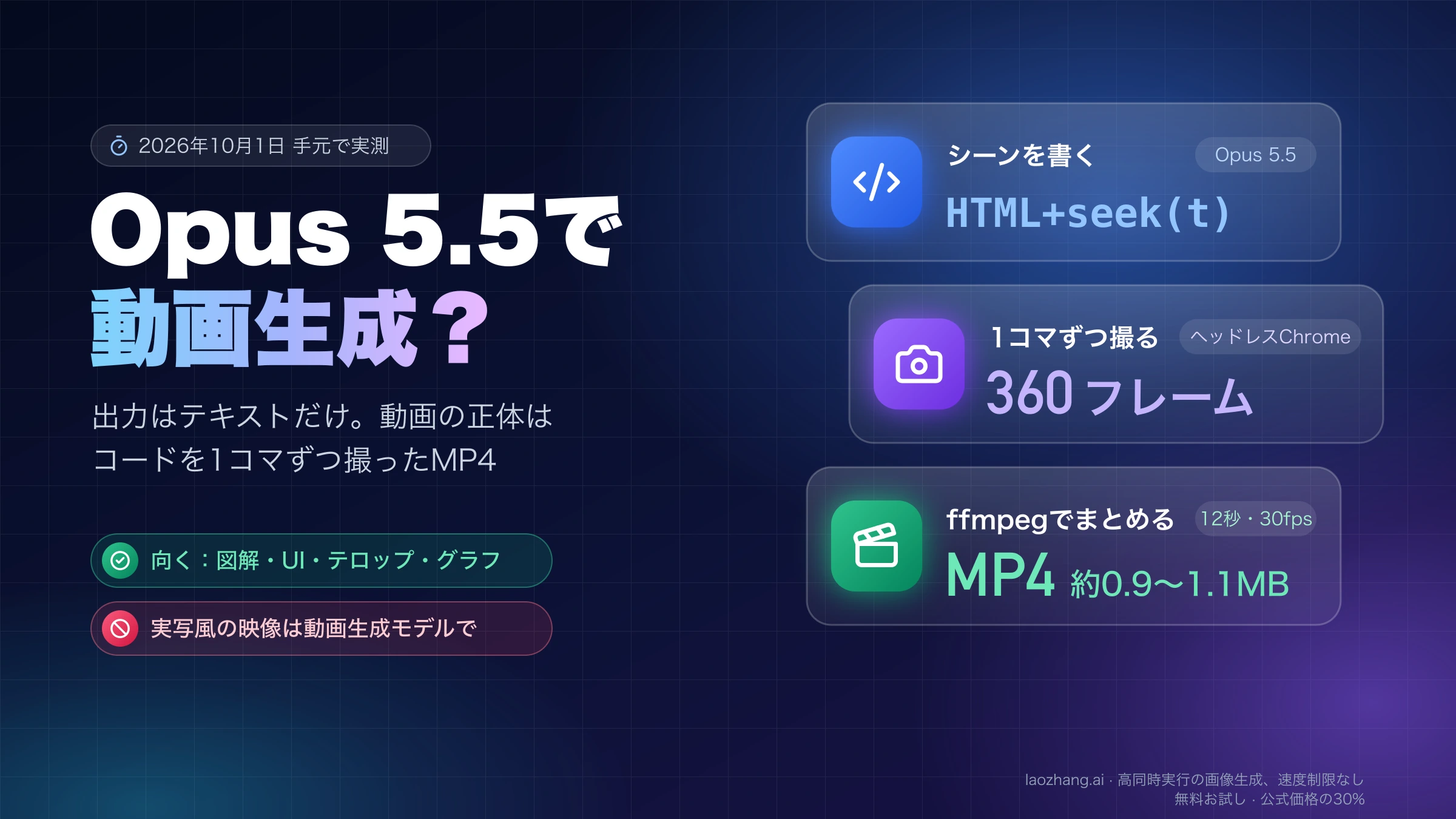 Opus 5.5で動画生成?という見出しと、シーンを書く・1コマずつ撮る・ffmpegでMP4にまとめるの3段階を示した表紙