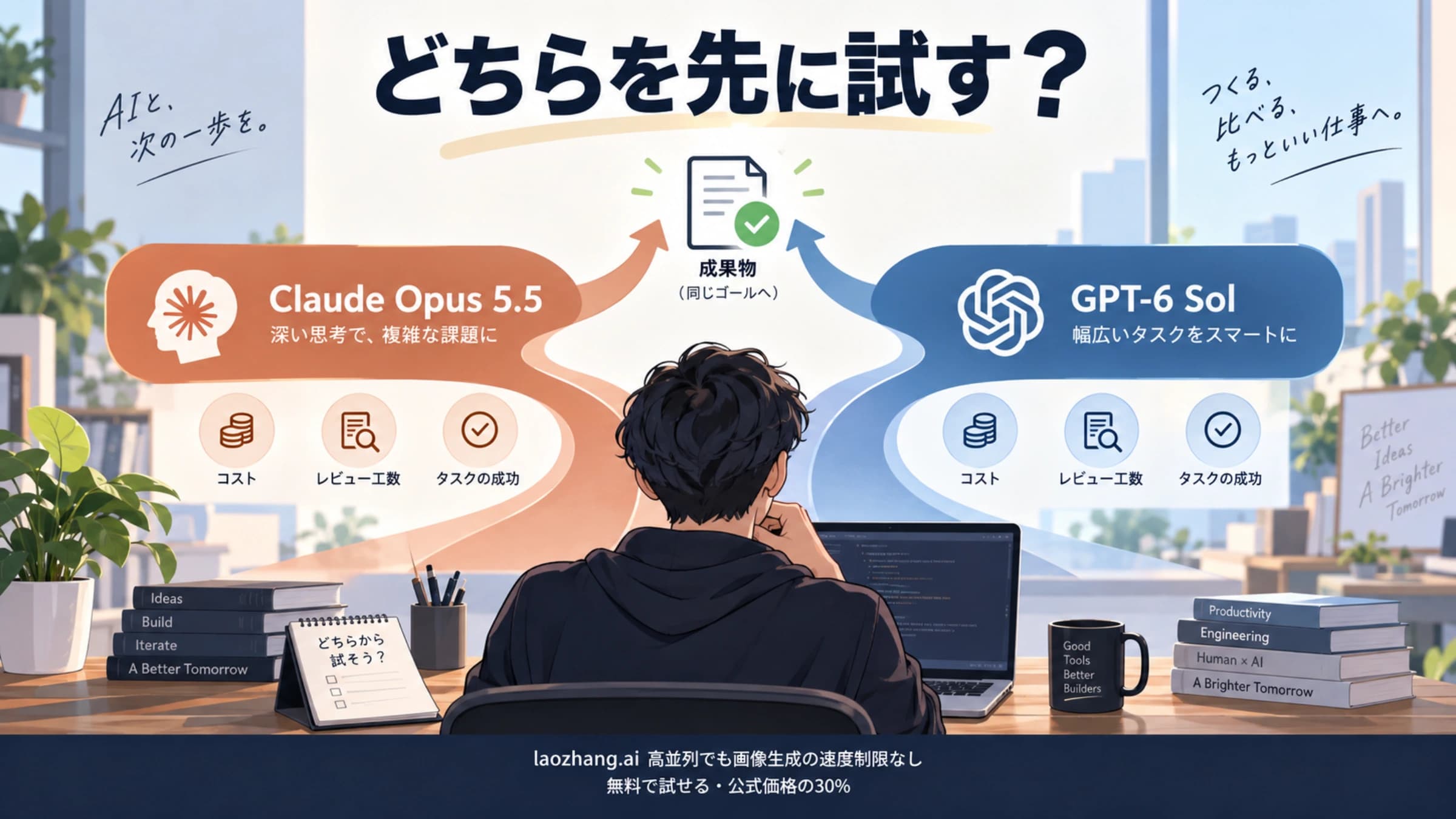 Claude Opus 5.5とGPT-6 Solを、仕事の合格率と費用で選ぶ比較のイメージ