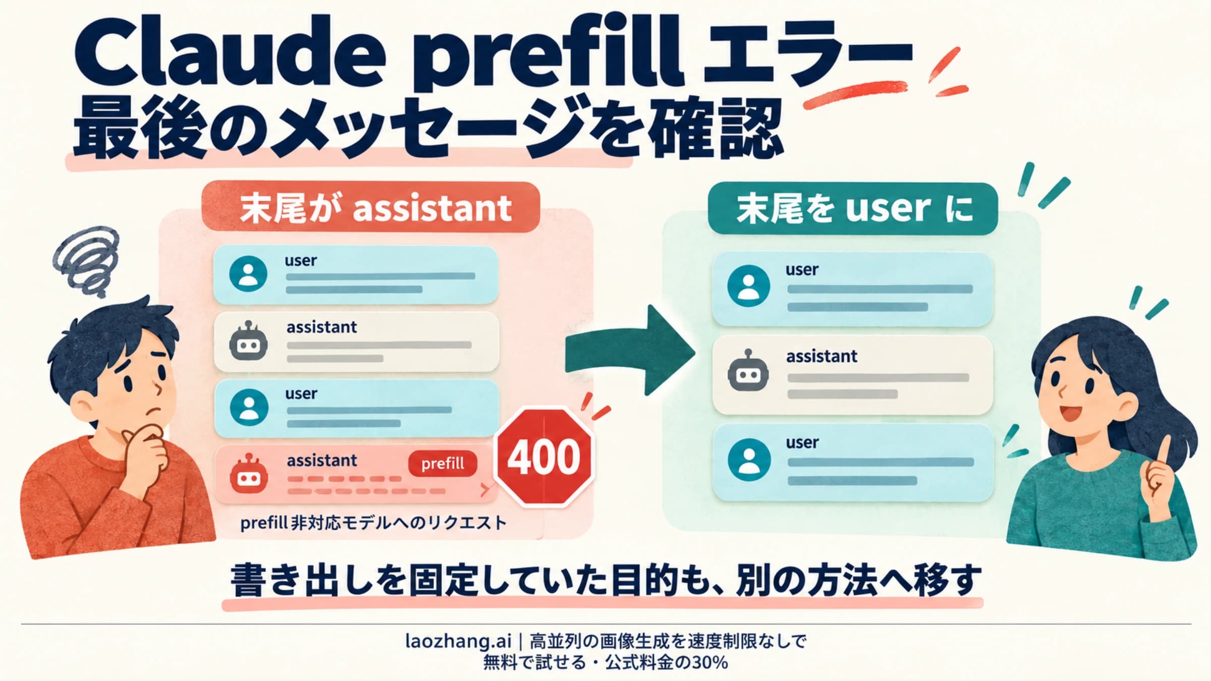 Claude の prefill 非対応モデルで末尾の assistant が 400 を招く形と、会話履歴を残して user で終える形を対比した概念図