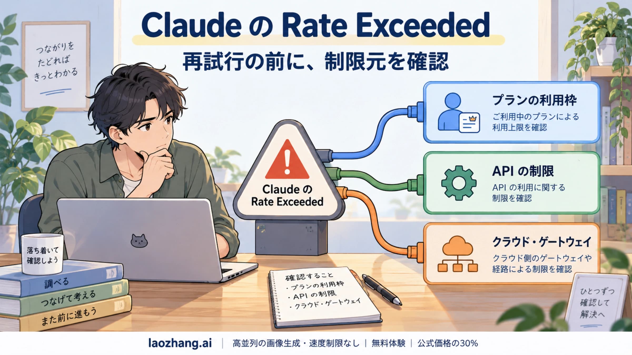 ClaudeのRate Exceededをプラン、API、クラウド・ゲートウェイに分けて調べるイラスト