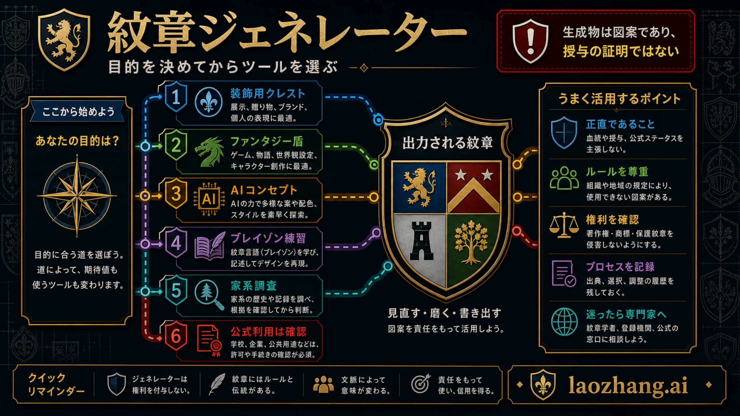 日本語の紋章ジェネレーター用ルート図。装飾、AI、ファンタジー、ブレイゾン、家系調査、公式利用を分ける。