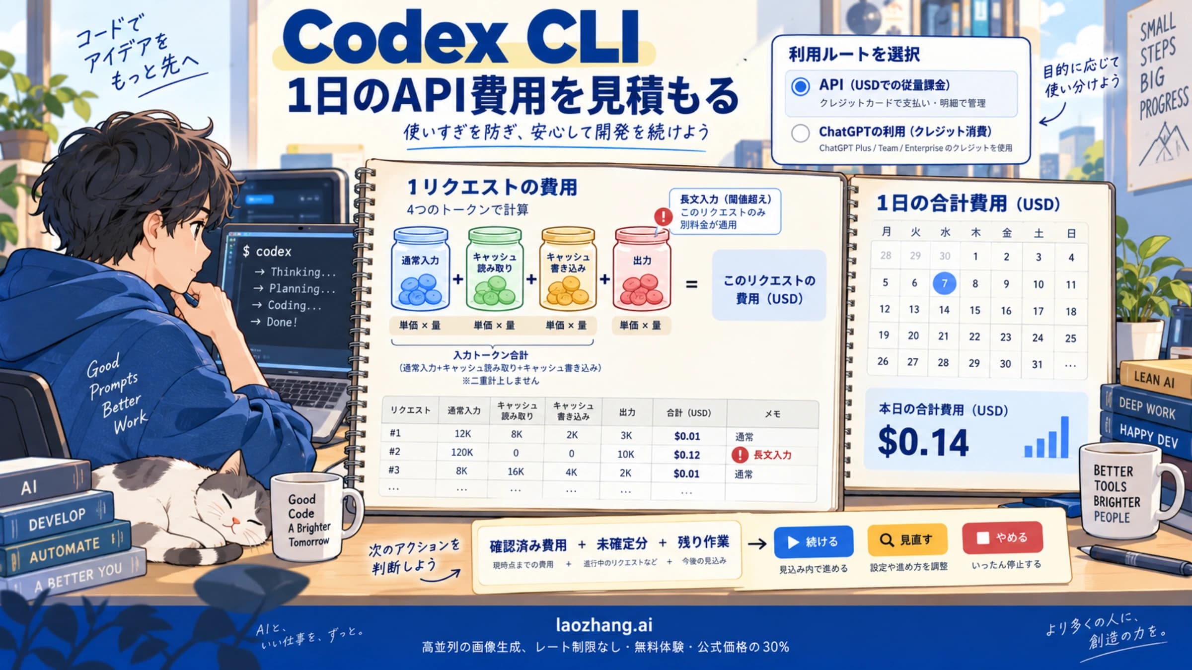 入力・キャッシュ・出力の内訳をリクエスト単位で計算し、日々の作業予算を判断する図