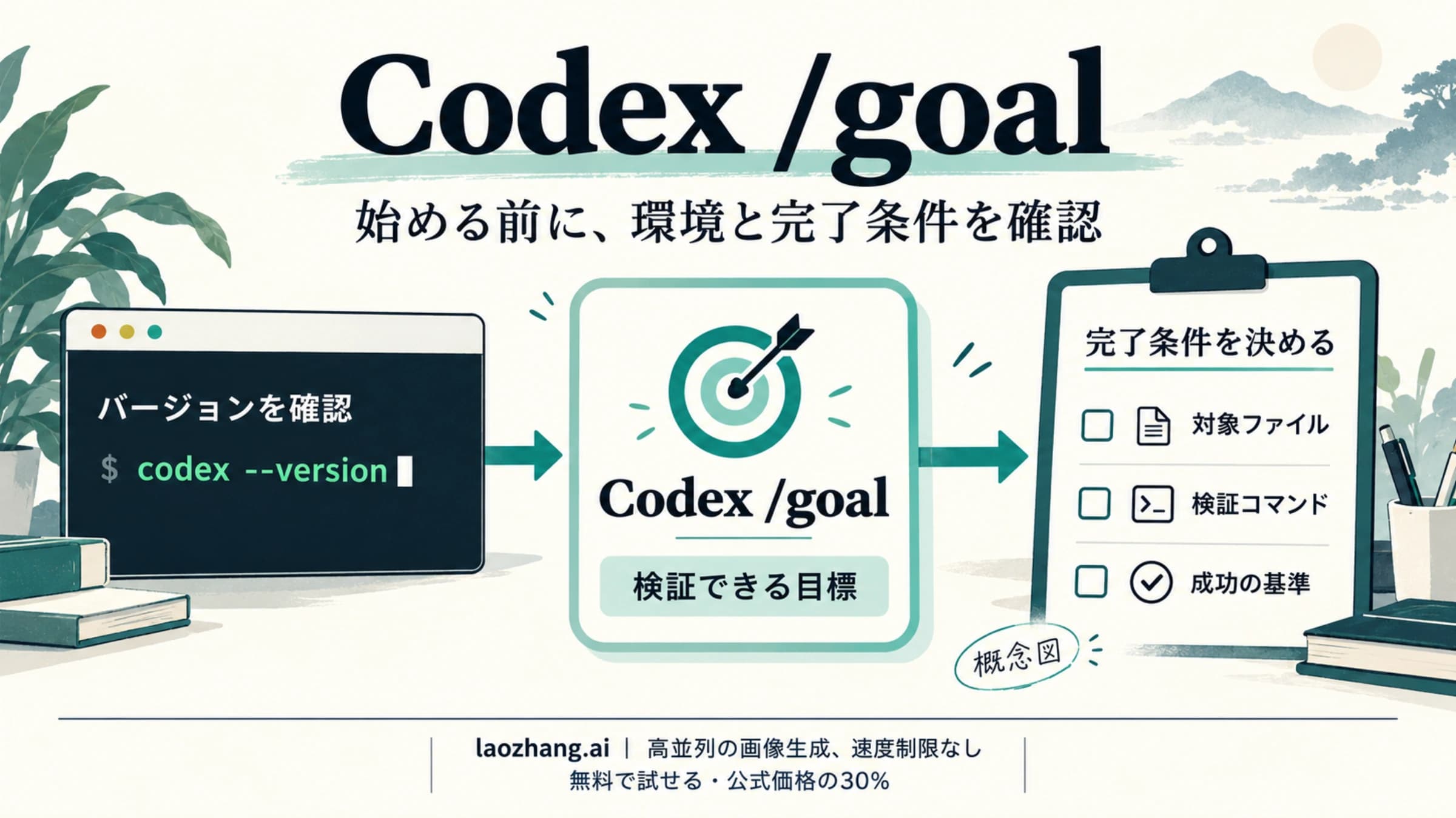 Codex /goalを使う前に確認するバージョンと完了条件の概念図