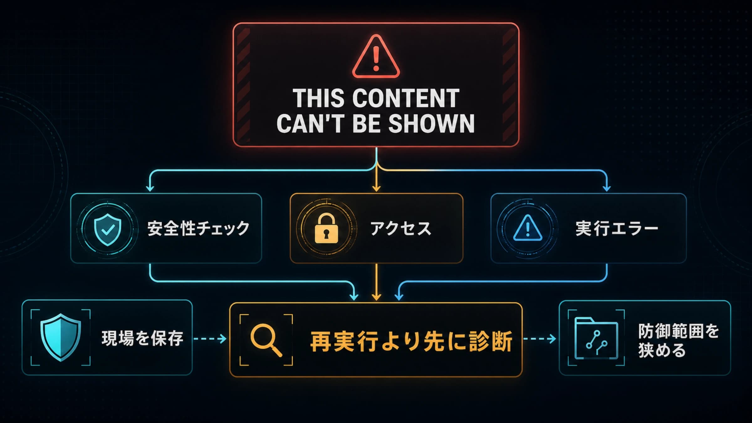Codex Securityの警告から安全性チェック、アクセス、実行エラーへ分岐する診断図